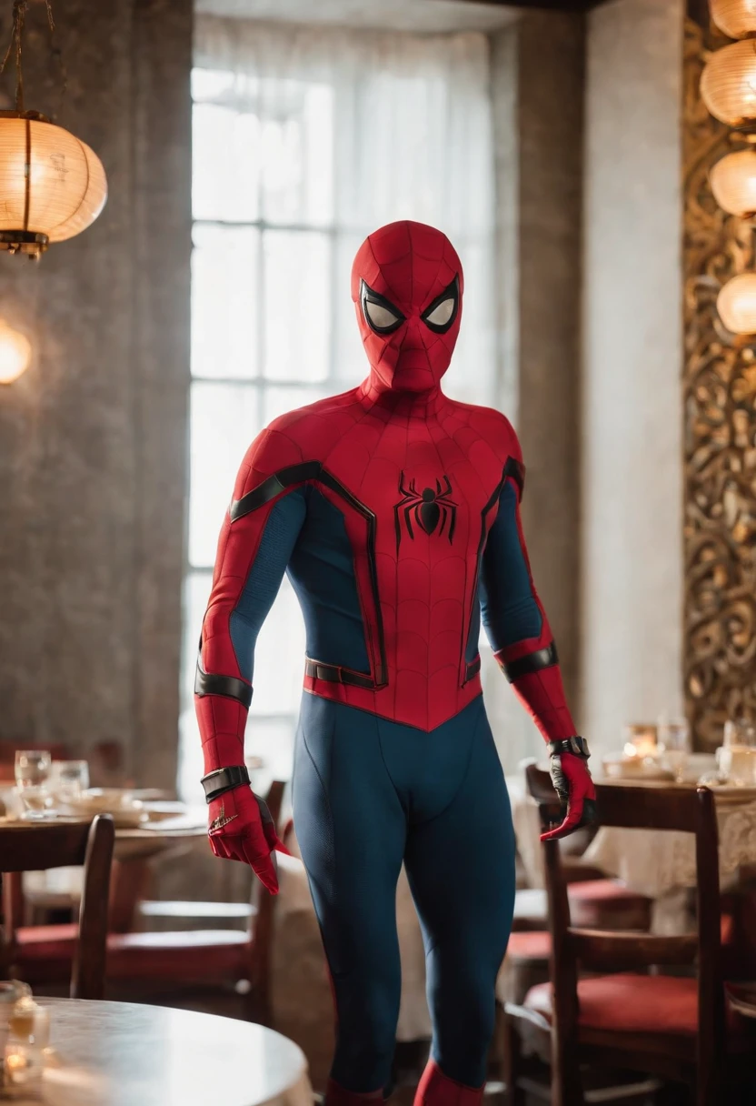 Cinematographer, ultra realista, Ropa detallada, Bellamente detallado, UHD, HDR, Altas Resoluciones, ultra detallado, Detalles intrincados, Efectos texturales, absurdos, obra maestra, 8k:1.2. En esta imagen, vemos a Spider-Man en un inusual descanso de sus actividades heroicas. He's standing in a chic Asian restaurant in his iconic costume.............
Spider-Man holds a bowl of Chinese fried rice mixed with oriental stir-fried noodles in his hands skillfully.., usando unos elegantes palillos chinos para llevar un bocado a su boca. The plate is full of fried rice, salteado. The restaurant is decorated with traditional Chinese elements, como linternas rojas colgando del techo y dragones dorados esculpidos en las paredes. The dim light of the lanterns creates a warm and welcoming atmosphere in the place.