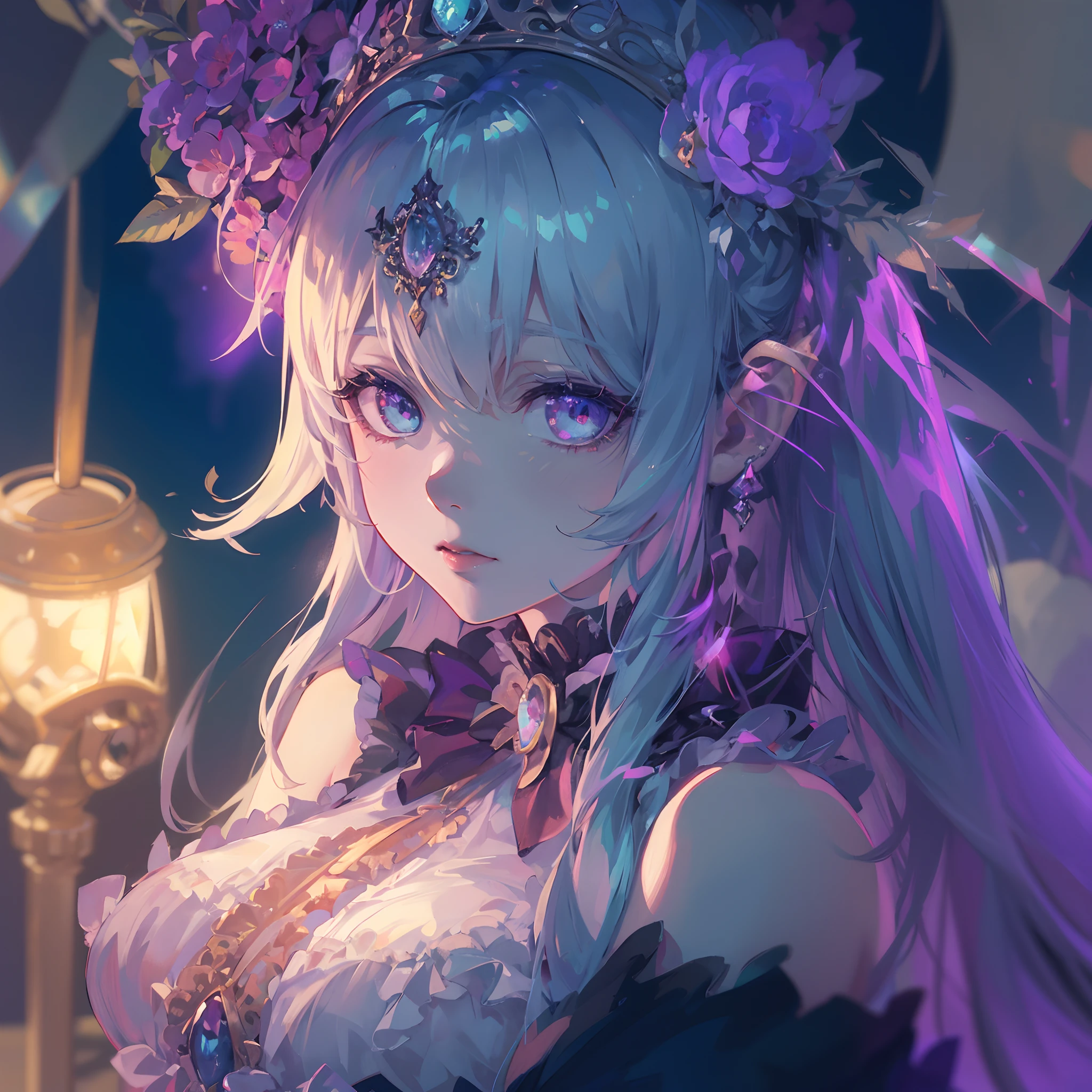 Ultra-detailed anime-style illustration of a beautiful vampire woman with iridescent eyes, Pale skin, Acuarela cabello azul profundo, tocado, Victorian gothic dress, destello de lente, profundidad de campo, Efecto Bokeh, retroiluminado, elegantee, elegante, impresionante, visualmente rico, Luces planas, colores planos, El sombreado, Arte de Best Anime Studios, por MSchiffer, 32k resolution, La mejor calidad, Ink lines, Focus on blue.