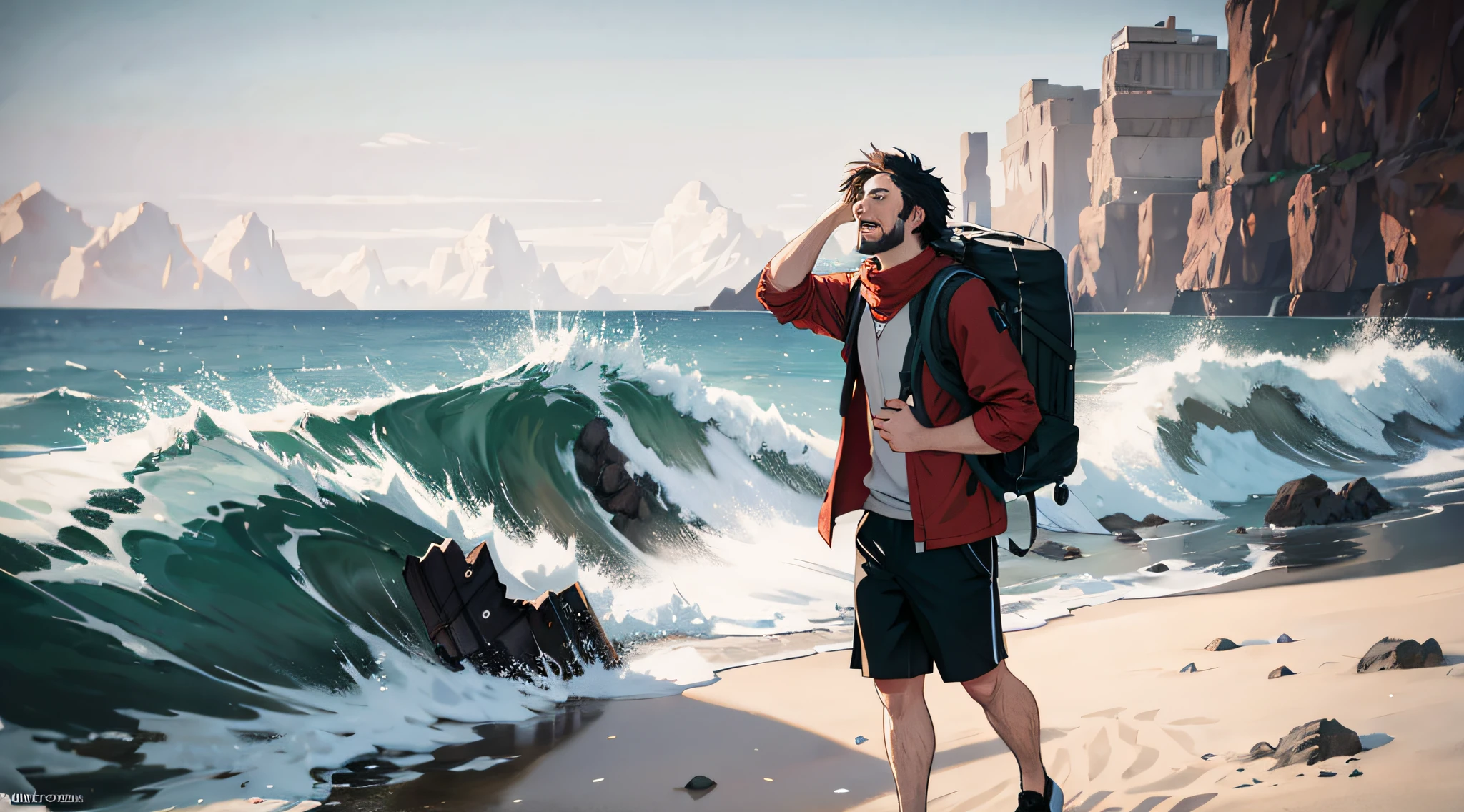 /imagine prompt:A 30-year-old man dressed in twentieth-century garb, traversing coastal trails with a backpack::2 An album cover with An artistic visualization of the creative process in a digital design surrounded by a whirlwind of pulsating energy incorporating a shattered or broken guitar cartoonish::5 --v 5 --chaos 30 --stylize 100 --ar 3:2