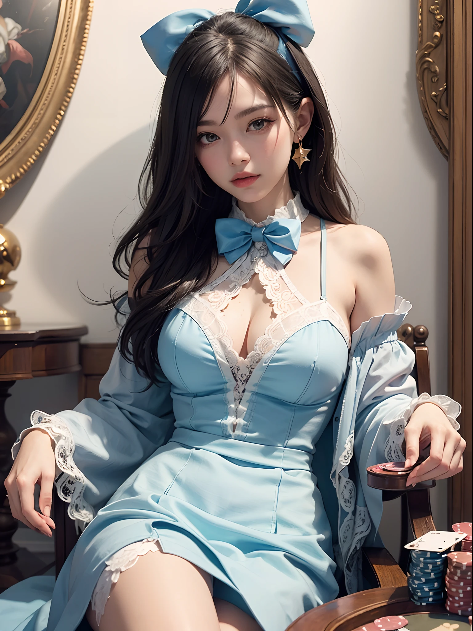 Unbeatable masterpiece, Ultra photo realsisim, Perfect artwork, Intricate details, Best quality, Strong light , High contrast, Dynamic pose, Blue dress and white shirt , A star in a fluffy dress，Poker of hearts and spades , Golden rabbit on bow tie , Cream lace trim，Served with gorgeous light blue gauze , There is also a pair of large bows in the back , in wonderland , Mural puzzle-like elements