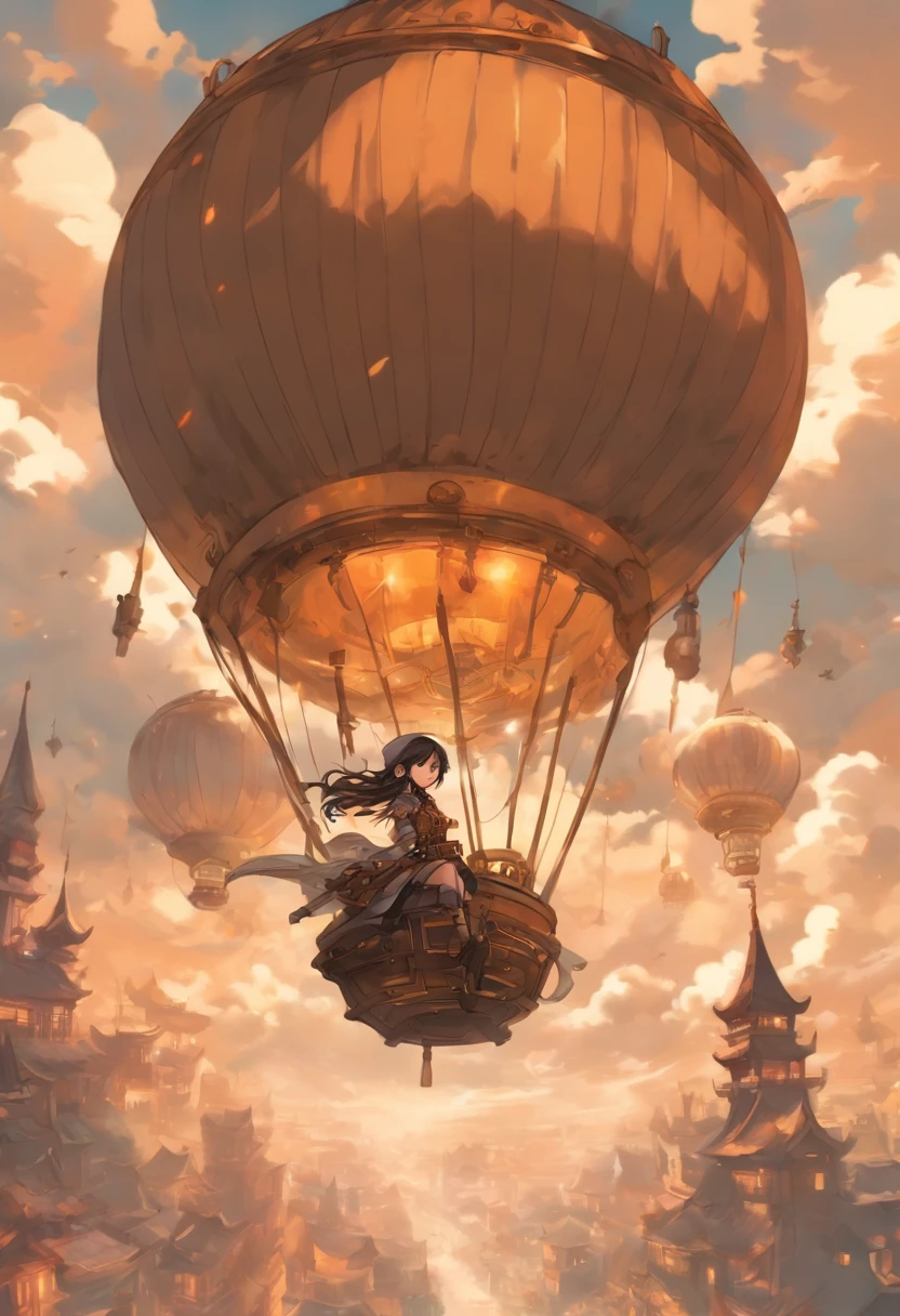 Chinese Ink Style,Steampunk world,Girl piloting steampunk flying machine,Suspended in the air of the city,Thick clouds,Ink Animation Art,Ink Cartoon Art,water ink,inky,Smudge,8K,are delicately depicted,Works of masters,