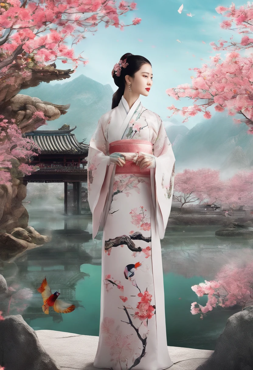 Clear and bright,The cuckoo lands on the flower,Traditional Chinese gardens,A woman standing next to a Hanfu flower,Character landscape