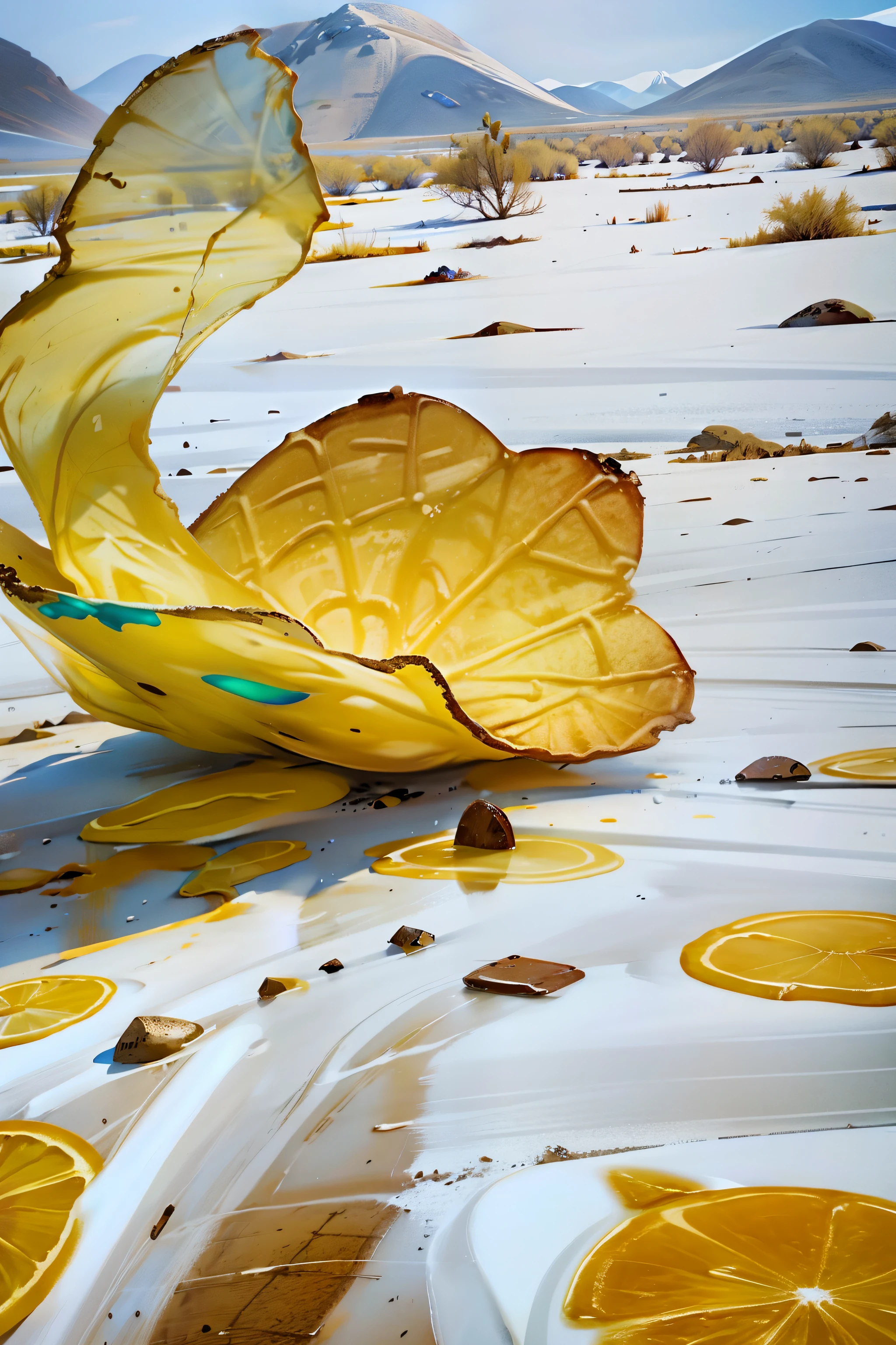 potato chip,A desert,Potato chips flow into the form of a desert,yellow tint,Real Photographics