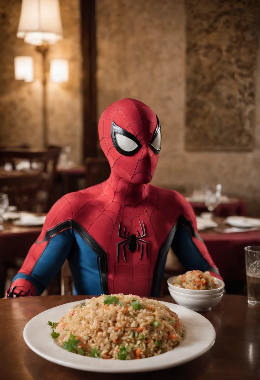 Cinematographer, ultra realista, Ropa detallada, Bellamente detallado, UHD, HDR, Altas Resoluciones, ultra detallado, Detalles intrincados, Efectos texturales, absurdos, obra maestra, 8k:1.2. En esta imagen, vemos a Spider-Man en un inusual descanso de sus actividades heroicas. He's standing in a chic Asian restaurant in his iconic costume..............
Spider-Man holds a bowl of Chinese fried rice mixed with oriental stir-fried noodles in his hands skillfully.., usando unos elegantes palillos chinos para llevar un bocado a su boca. The plate is full of fried rice, salteado. The restaurant is decorated with traditional Chinese elements, como linternas rojas colgando del techo y dragones dorados esculpidos en las paredes. The dim light of the lanterns creates a warm and welcoming atmosphere in the place.