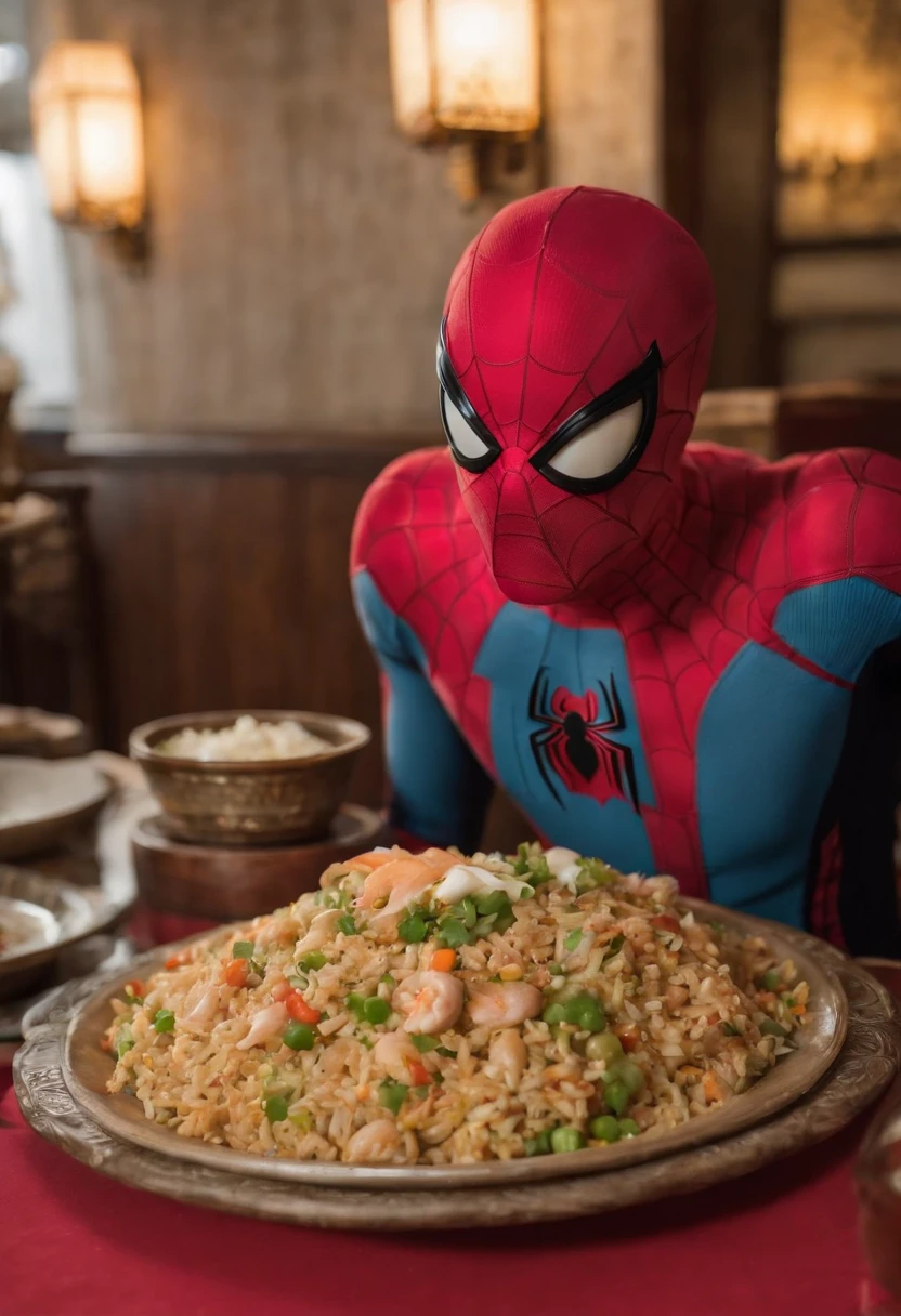 Cinematographer, ultra realista, Ropa detallada, Bellamente detallado, UHD, HDR, Altas Resoluciones, ultra detallado, Detalles intrincados, Efectos texturales, absurdos, obra maestra, 8k:1.2. En esta imagen, vemos a Spider-Man en un inusual descanso de sus actividades heroicas. He's standing in a chic Asian restaurant in his iconic costume..............
Spider-Man holds a bowl of Chinese fried rice mixed with oriental stir-fried noodles in his hands skillfully.., usando unos elegantes palillos chinos para llevar un bocado a su boca. The plate is full of fried rice, salteado. The restaurant is decorated with traditional Chinese elements, como linternas rojas colgando del techo y dragones dorados esculpidos en las paredes. The dim light of the lanterns creates a warm and welcoming atmosphere in the place.