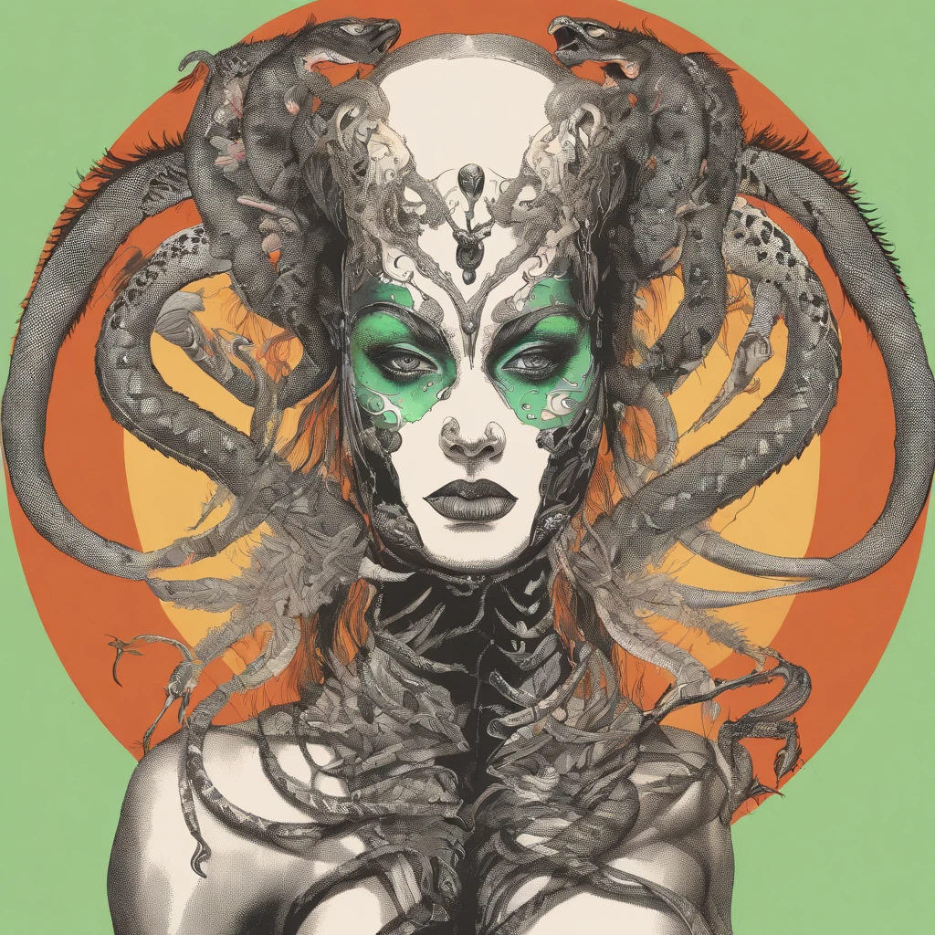 Medusa, hand drawn sketch, pen and ink line illustration, candid, double exposure, silhouette, optical illusion,((art style "Sean Gordon Murphy" comic drawing, splash panel)), nyctophobia, full body portrait, snake skin dress, (body, Naga, snakefolk, lower body snake tail, snake woman hybrid, bald, hairless, skeleton, body drawn in Frederic Delavier musculature anatomical illustration art style, snake skin tattoos, piercing eyes, snake pupils), (face, ornate black metal corpse paint, resembles Grace Jones), craftsmanship nuance, full body portrait, (colors, forest green to earth brown, merge bleak muted deep fiery radiant glowing ROYGBIV), (background, pine barrens, entropy, rewilding, magic hour sunset with galaxy stars, cosmos), subliminal orchids, (horror, abstract, surreal, body, cosmic), (art style Gerardo Zaffino charcoal), unfinished,