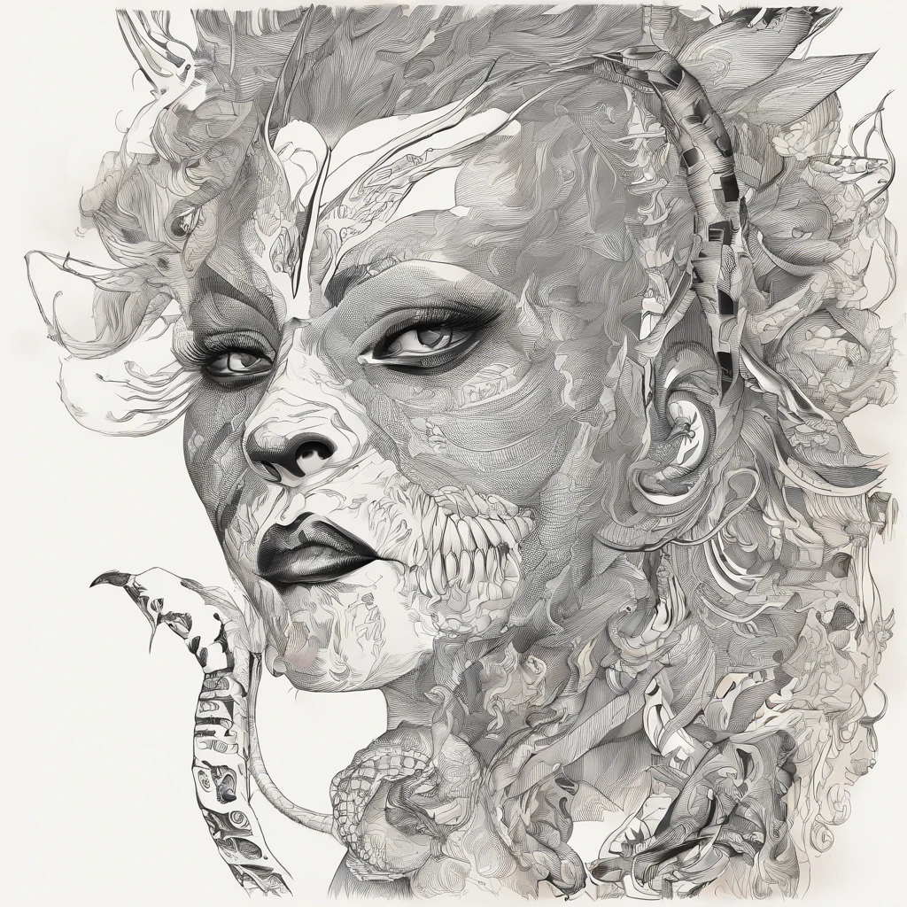 Medusa, hand drawn sketch, pen and ink line illustration, candid, double exposure, silhouette, optical illusion,((art style "Sean Gordon Murphy" comic drawing, splash panel)), nyctophobia, full body portrait, snake skin dress, (body, Naga, snakefolk, lower body snake tail, snake woman hybrid, bald, hairless, skeleton, body drawn in Frederic Delavier musculature anatomical illustration art style, snake skin tattoos, piercing eyes, snake pupils), (face, ornate black metal corpse paint, resembles Grace Jones), craftsmanship nuance, full body portrait, (colors, forest green to earth brown, merge bleak muted deep fiery radiant glowing ROYGBIV), (background, pine barrens, entropy, rewilding, magic hour sunset with galaxy stars, cosmos), subliminal orchids, (horror, abstract, surreal, body, cosmic), (art style Gerardo Zaffino charcoal), unfinished,