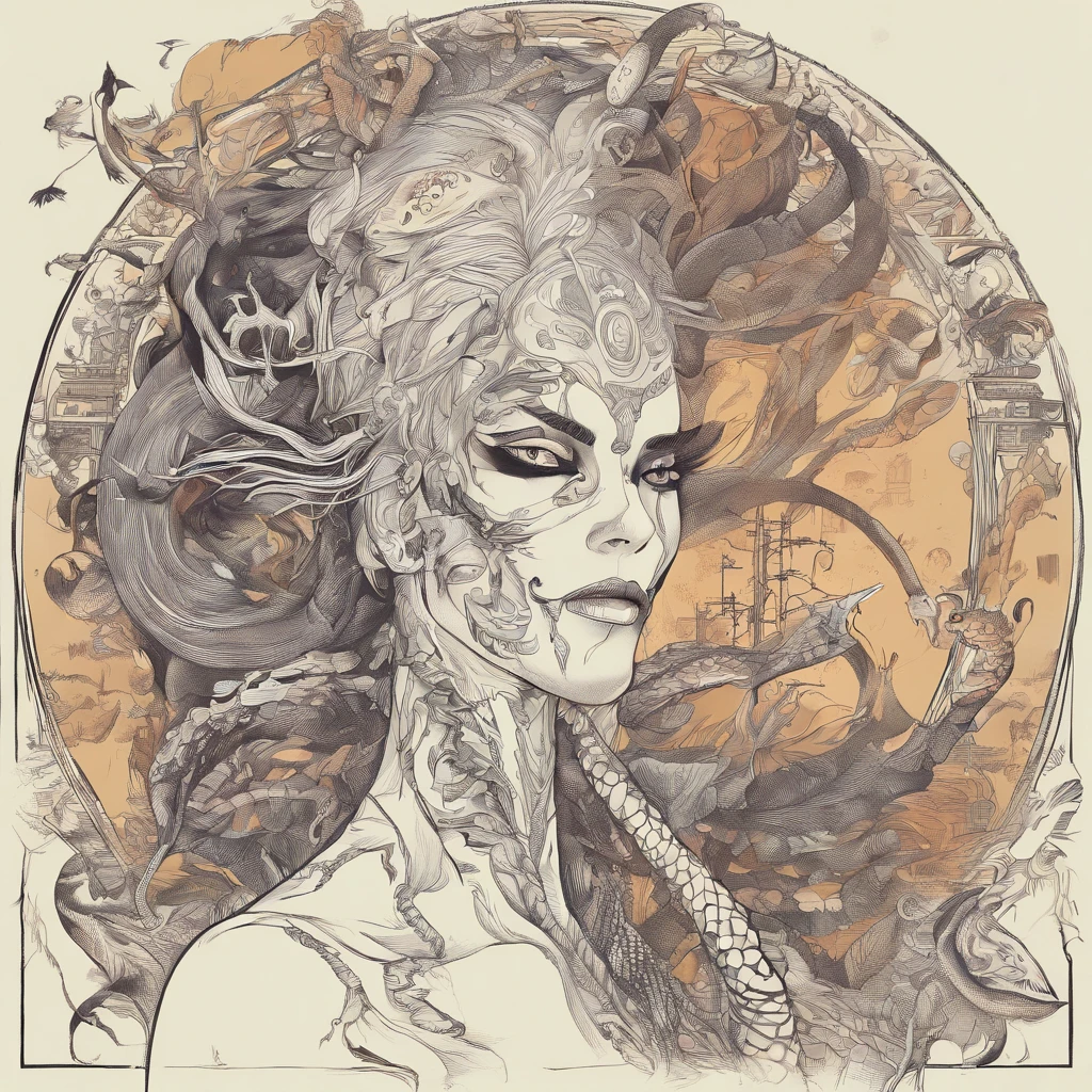 Medusa, hand drawn sketch, pen and ink line illustration, candid, double exposure, silhouette, optical illusion,((art style "Sean Gordon Murphy" comic drawing, splash panel)), nyctophobia, full body portrait, snake skin dress, (body, Naga, snakefolk, lower body snake tail, snake woman hybrid, bald, hairless, skeleton, body drawn in Frederic Delavier musculature anatomical illustration art style, snake skin tattoos, piercing eyes, snake pupils), (face, ornate black metal corpse paint, resembles Grace Jones), craftsmanship nuance, full body portrait, (colors, forest green to earth brown, merge bleak muted deep fiery radiant glowing ROYGBIV), (background, pine barrens, entropy, rewilding, magic hour sunset with galaxy stars, cosmos), subliminal orchids, (horror, abstract, surreal, body, cosmic), (art style Gerardo Zaffino charcoal), unfinished,
