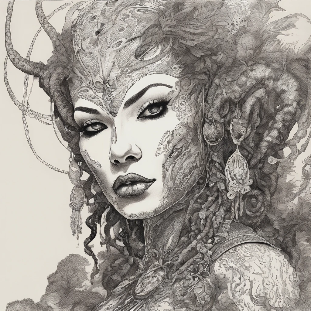 Medusa, hand drawn sketch, pen and ink line illustration, candid, double exposure, silhouette, optical illusion,((art style "Sean Gordon Murphy" comic drawing, splash panel)), nyctophobia, full body portrait, snake skin dress, (body, Naga, snakefolk, lower body snake tail, snake woman hybrid, bald, hairless, skeleton, body drawn in Frederic Delavier musculature anatomical illustration art style, snake skin tattoos, piercing eyes, snake pupils), (face, ornate black metal corpse paint, resembles Grace Jones), craftsmanship nuance, full body portrait, (colors, forest green to earth brown, merge bleak muted deep fiery radiant glowing ROYGBIV), (background, pine barrens, entropy, rewilding, magic hour sunset with galaxy stars, cosmos), subliminal orchids, (horror, abstract, surreal, body, cosmic), (art style Gerardo Zaffino charcoal), unfinished,