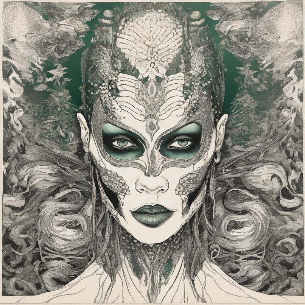 Medusa, hand drawn sketch, pen and ink line illustration, candid, double exposure, silhouette, optical illusion,((art style "Sean Gordon Murphy" comic drawing, splash panel)), nyctophobia, full body portrait, snake skin dress, (body, Naga, snakefolk, lower body snake tail, snake woman hybrid, bald, hairless, skeleton, body drawn in Frederic Delavier musculature anatomical illustration art style, snake skin tattoos, piercing eyes, snake pupils), (face, ornate black metal corpse paint, resembles Grace Jones), craftsmanship nuance, full body portrait, (colors, forest green to earth brown, merge bleak muted deep fiery radiant glowing ROYGBIV), (background, pine barrens, entropy, rewilding, magic hour sunset with galaxy stars, cosmos), subliminal orchids, (horror, abstract, surreal, body, cosmic), (art style Gerardo Zaffino charcoal), unfinished,