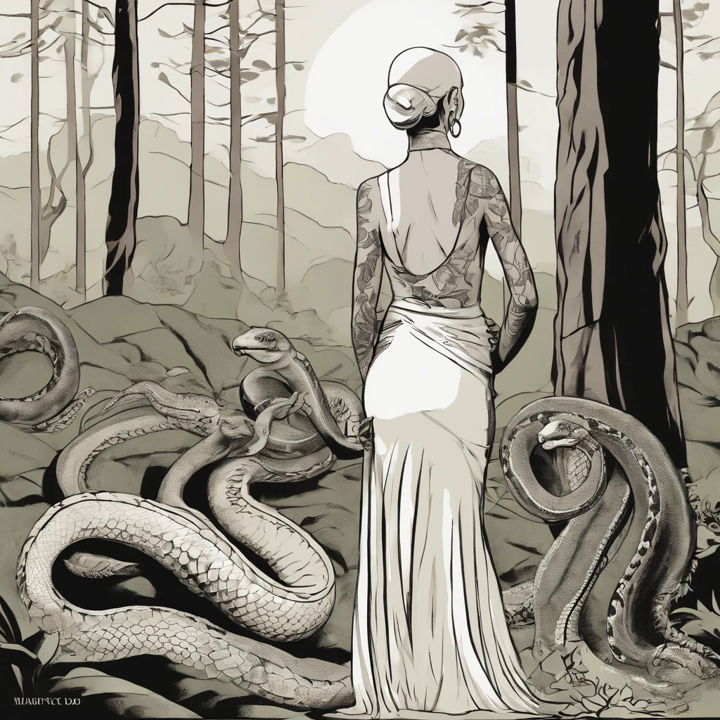 (comic art style), sketch of a silhouette of a woman, medusa, bald, hairless, snakes on head, lower body snake tail, snake woman hybrid, rear view, full length, snake dress, sketchbook, dark, gritty, realistic sketch, rough sketch, mix of dark bold lines and loose lines, hand drawn sketch, pen and ink line illustration, candid, ((art style "Sean Gordon Murphy" comic drawing, splash panel)), full body portrait, (body, Naga, snakefolk, lower body snake tail, snake woman hybrid, bald, hairless, skeleton, body drawn in Frederic Delavier musculature anatomical illustration art style, snake skin tattoos, piercing eyes, snake pupils), snake skin dress, ((colors, forest green to earth brown, merge bleak muted deep fiery radiant glowing ROYGBIV:1.1)),