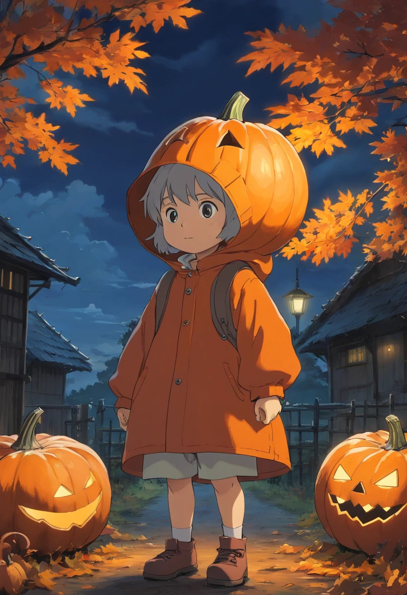 Little humanoid character with pumpkin as head, Scary, Horror, Night, Dark, Autumn weather, farms