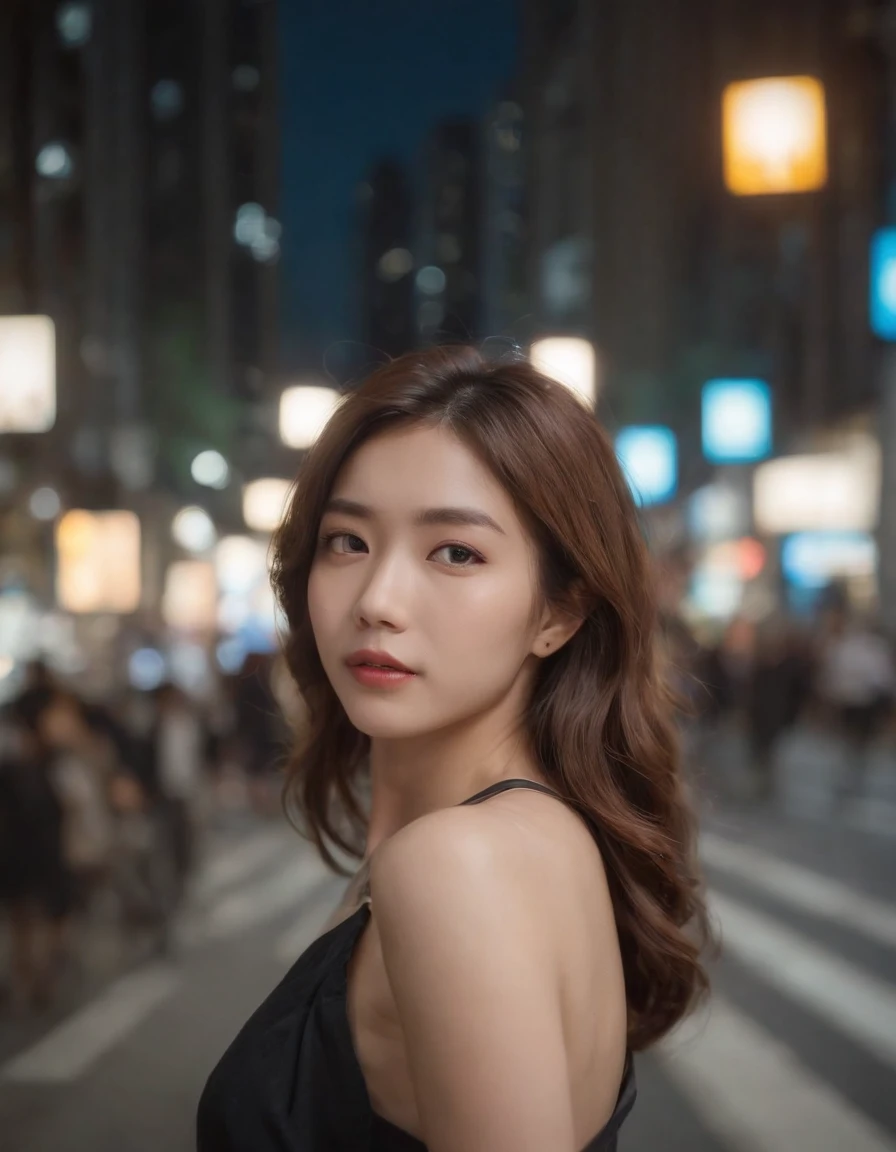 1girl, Tokyo street,night, cityscape,city lights, upper body,close-up, 8k, RAW photo, best quality, masterpiece,realistic, photo-realistic,