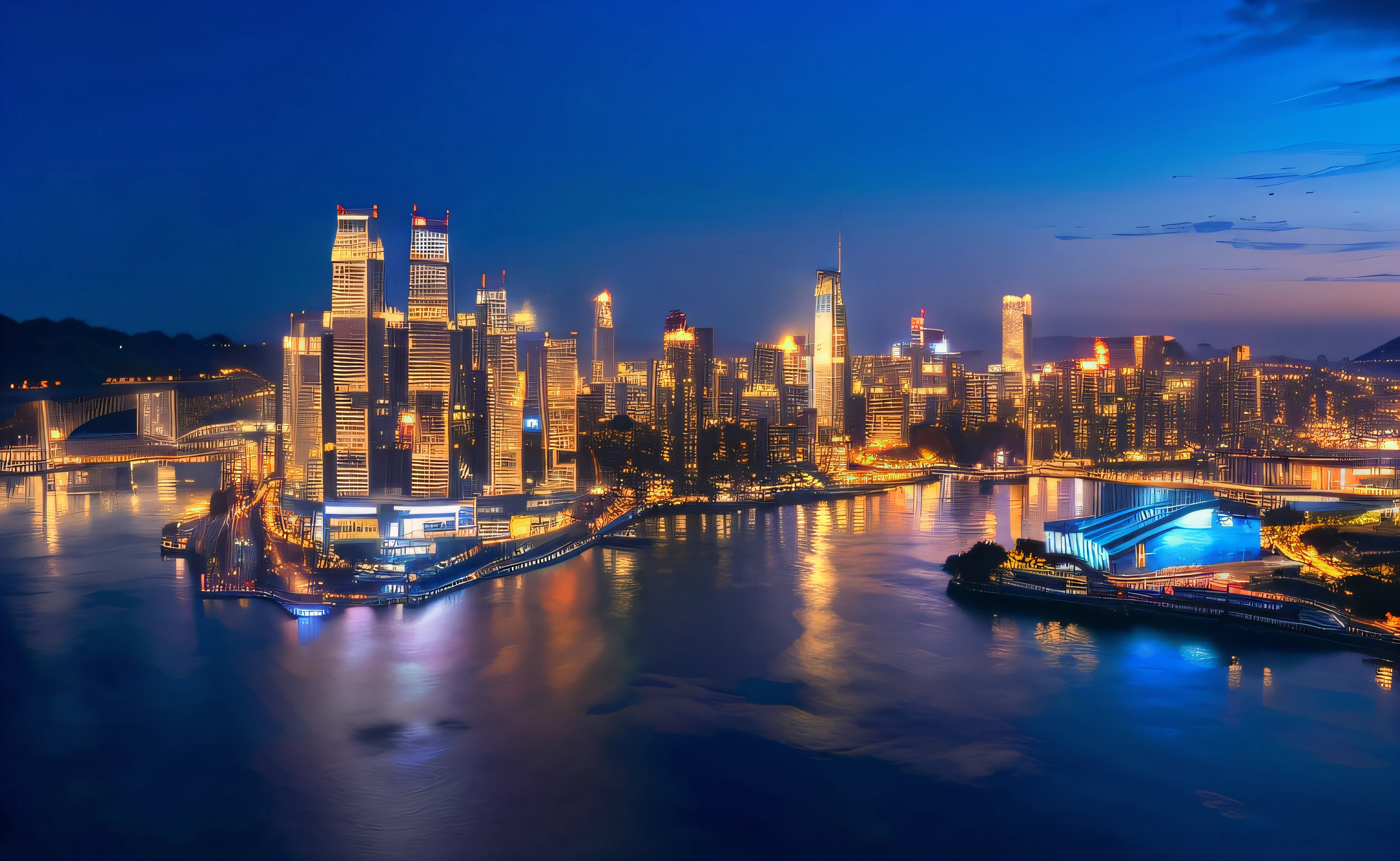 City view at night with river and bridge, super wide view of a cityscape, photography shot at blue hour, night shot, Beautiful cityscape, blue hour photography, wide wide shot, skyline showing, morning shot, wide wide shot, wide - shot, a wide full shot, Chongqing City, golden and blue hour
