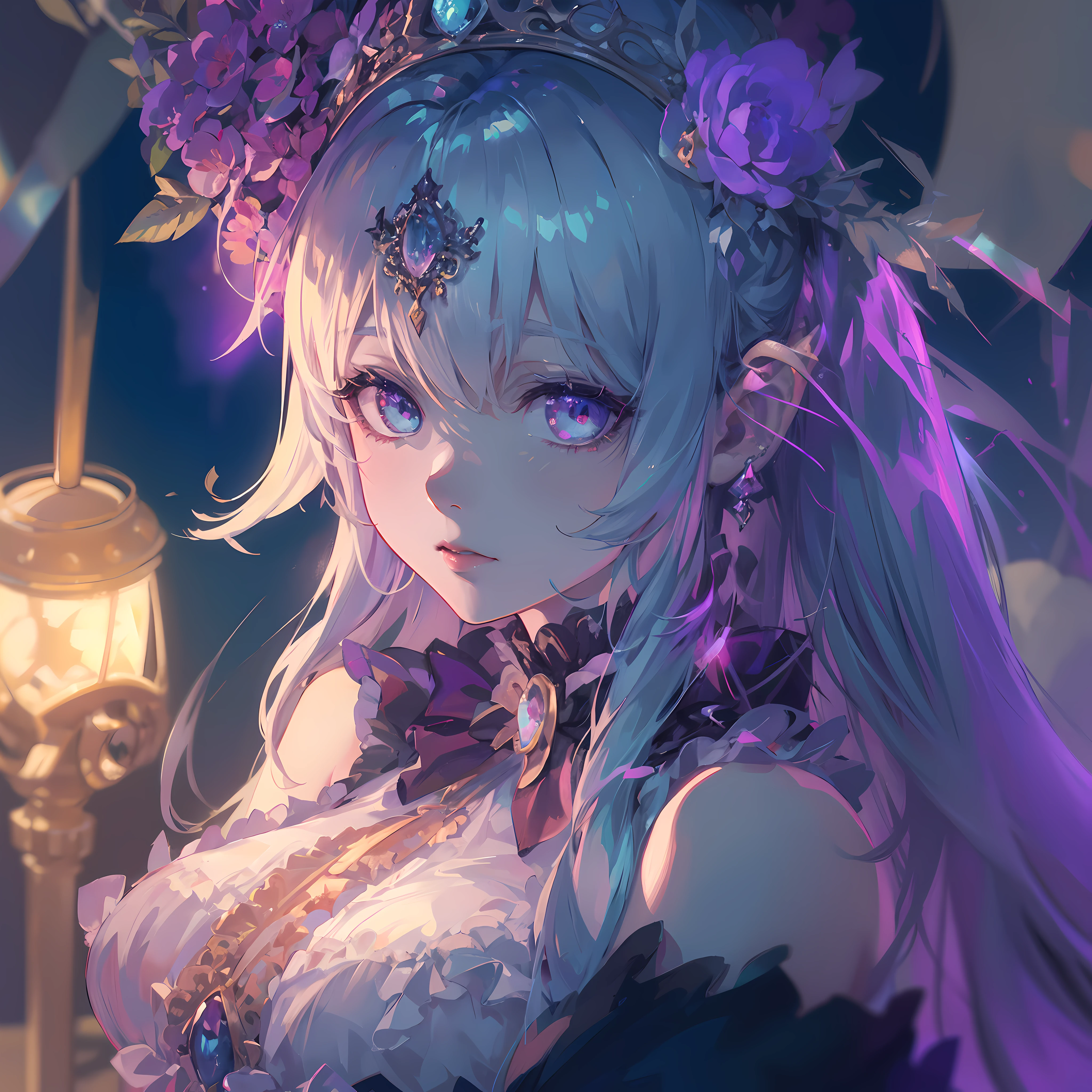 Ultra-detailed anime-style illustration of a beautiful vampire woman with iridescent eyes, Pale skin, Acuarela cabello azul profundo, tocado, Victorian gothic dress, destello de lente, profundidad de campo, Efecto Bokeh, retroiluminado, elegantee, elegante, impresionante, visualmente rico, Luces planas, colores planos, El sombreado, Arte de Best Anime Studios, por MSchiffer, 32k resolution, La mejor calidad, Ink lines, Focus on blue.