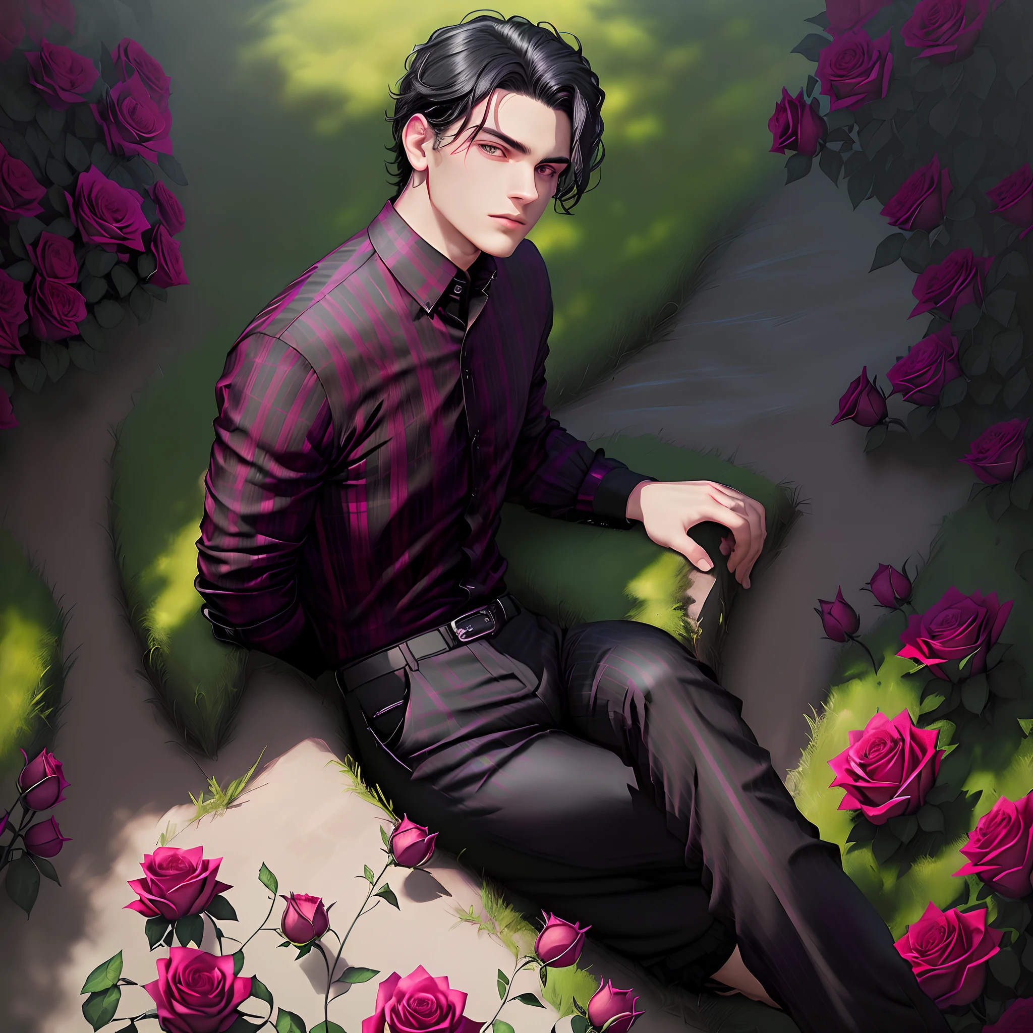 (dramatic illumination, dynamic angle, intense color contrast), (solo), (Portrait of a young man with black hair and green eyes:1.2), (surrounded by roses), (wearing black and burgundy plaid pants:1.3) and (wearing black short-sleeved shirt with dark pink stripes:1.3), (reclining in rose garden), (soulful, honest expression), (emo)