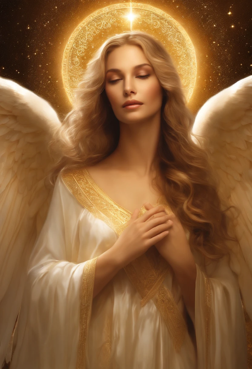 photorealistic, (hyperrealistic:1.2), beautiful, masterpiece, best quality, extremely detailed face, perfect lighting, nice hands, perfect hands, A divine and radiant angel in celestial splendor, (heavenly presence:1.2), (serene expression), (majestic wings), (ethereal glow:1.1), (peaceful and comforting), (transcendent beauty), (divine grace), (symbol of purity), (golden halo), (uplifting atmosphere), (celestial realm), (spiritual enlightenment), (gentle and protective), (illuminating light:1.2), (seraphic figure), (harmony and serenity), (angelic robes), (timeless and celestial), (captivating aura), (healing and guidance)