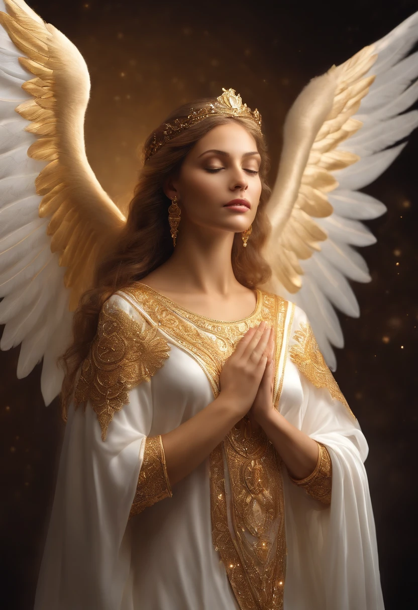 photorealistic, (hyperrealistic:1.2), beautiful, masterpiece, best quality, extremely detailed face, perfect lighting, nice hands, perfect hands,    A divine and radiant angel in celestial splendor, (heavenly presence:1.2), (serene expression), (majestic wings), (ethereal glow:1.1), (peaceful and comforting), (transcendent beauty), (divine grace), (symbol of purity), (golden halo), (uplifting atmosphere), (celestial realm), (spiritual enlightenment), (gentle and protective), (illuminating light:1.2), (seraphic figure), (harmony and serenity), (angelic robes), (timeless and celestial), (captivating aura), (healing and guidance)