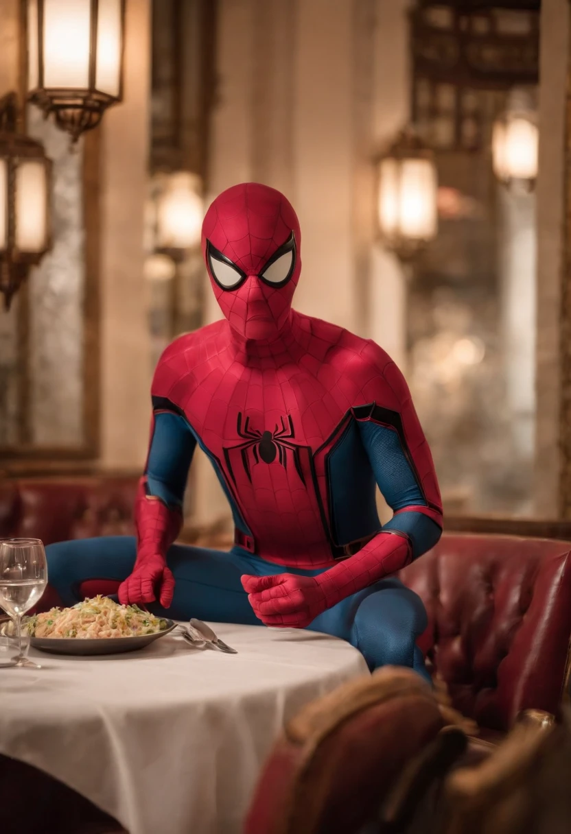 Cinematographer, ultra realista, Ropa detallada, Bellamente detallado, UHD, HDR, Altas Resoluciones, ultra detallado, Detalles intrincados, Efectos texturales, absurdos, obra maestra, 8k:1.2. En esta imagen, vemos a Spider-Man en un inusual descanso de sus actividades heroicas. He's standing in a chic Asian restaurant in his iconic costume...............
Spider-Man holds a bowl of Chinese fried rice mixed with oriental stir-fried noodles in his hands skillfully.., usando unos elegantes palillos chinos para llevar un bocado a su boca. The plate is full of fried rice, salteado. The restaurant is decorated with traditional Chinese elements, como linternas rojas colgando del techo y dragones dorados esculpidos en las paredes. The dim light of the lanterns creates a warm and welcoming atmosphere in the place.