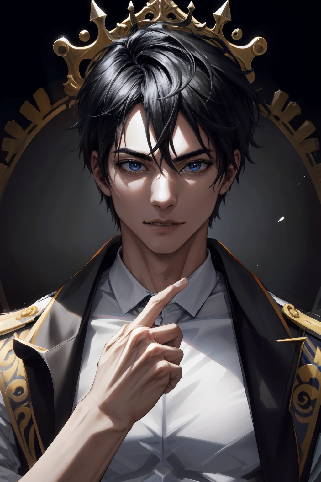 (absurdos, high resolusion, ultra detallado), 1 hombre, adulto, guapo, Cara sin pelo, Chico alto y musculoso, hombros anchos, ojos finamente detallados y rostro detallado, cabello de color negro, ojos grises, fantasy, gorgeous background, trono, Magic effect, Fuego