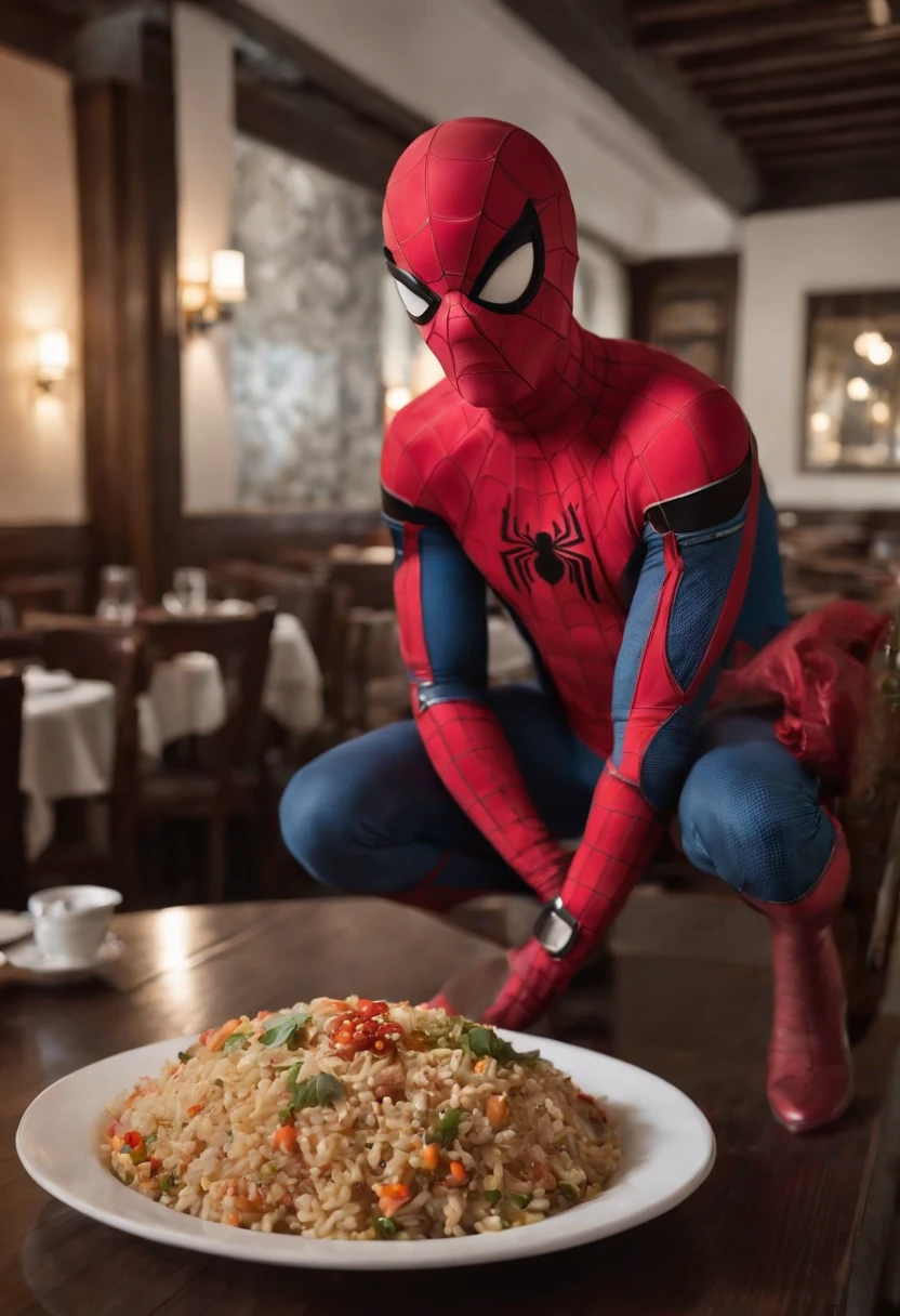 Cinematographer, ultra realista, Ropa detallada, Bellamente detallado, UHD, HDR, Altas Resoluciones, ultra detallado, Detalles intrincados, Efectos texturales, absurdos, obra maestra, 8k:1.2. En esta imagen, vemos a Spider-Man en un inusual descanso de sus actividades heroicas. He's standing in a chic Asian restaurant in his iconic costume..............
Spider-Man holds a bowl of Chinese fried rice mixed with oriental stir-fried noodles in his hands skillfully.., usando unos elegantes palillos chinos para llevar un bocado a su boca. The plate is full of fried rice, salteado. The restaurant is decorated with traditional Chinese elements, como linternas rojas colgando del techo y dragones dorados esculpidos en las paredes. The dim light of the lanterns creates a warm and welcoming atmosphere in the place.