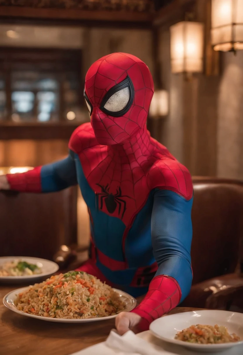Cinematographer, ultra realista, Ropa detallada, Bellamente detallado, UHD, HDR, Altas Resoluciones, ultra detallado, Detalles intrincados, Efectos texturales, absurdos, obra maestra, 8k:1.2. En esta imagen, vemos a Spider-Man en un inusual descanso de sus actividades heroicas. He's standing in a chic Asian restaurant in his iconic costume..............
Spider-Man holds a bowl of Chinese fried rice mixed with oriental stir-fried noodles in his hands skillfully.., usando unos elegantes palillos chinos para llevar un bocado a su boca. The plate is full of fried rice, salteado. The restaurant is decorated with traditional Chinese elements, como linternas rojas colgando del techo y dragones dorados esculpidos en las paredes. The dim light of the lanterns creates a warm and welcoming atmosphere in the place.