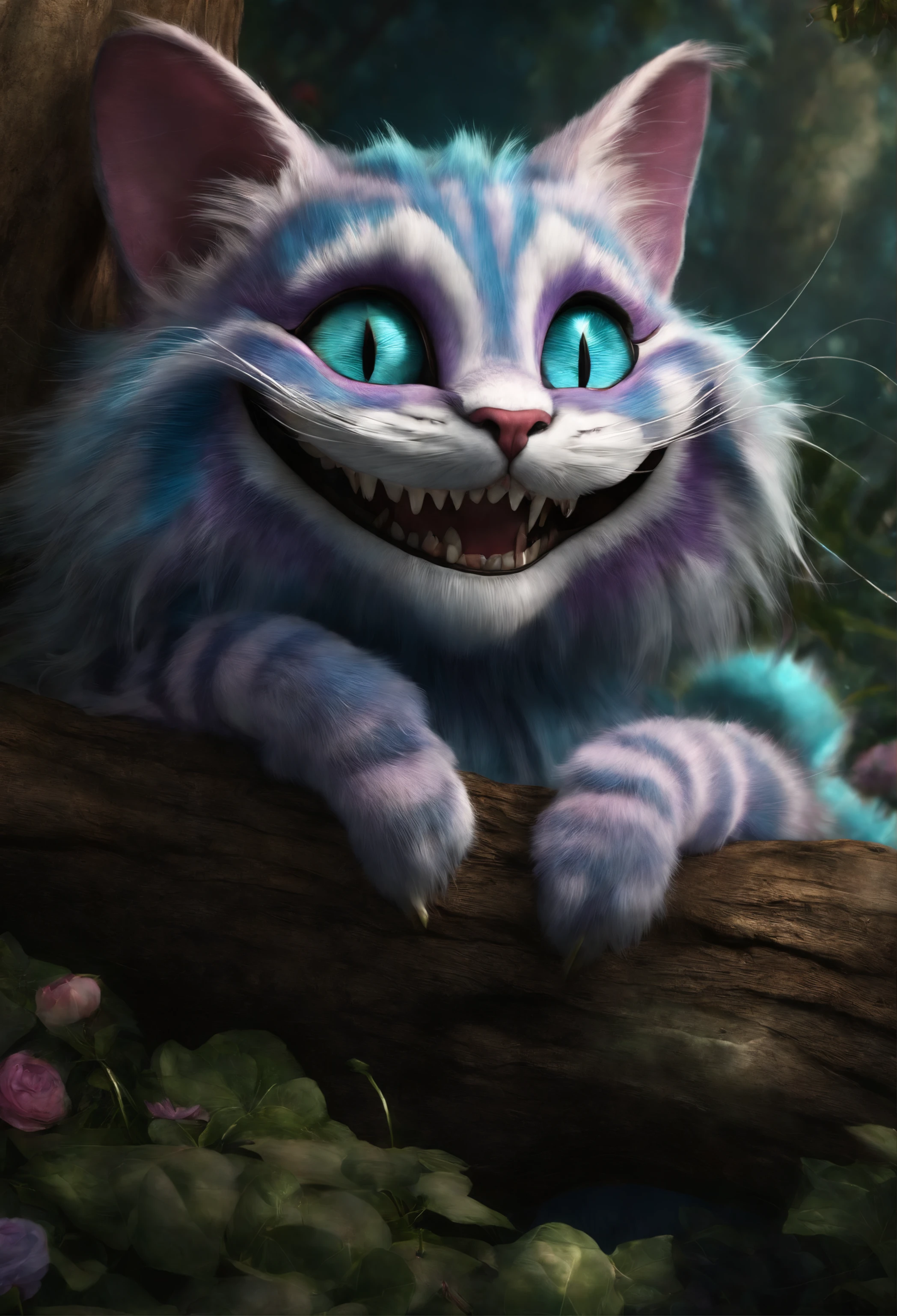 ((Alice in Wonderland Cheshire Cat)), Full shot, Fluffy hair, Anthropomorphic expressions, Grin, Showing fangs Rich color, Exquisite details, Realistic, artsation, CG, Realistic, illusory engine, Real light and shadow, Beautiful rich colors, Amazing details, A pair of ears, Masterpiece, High quality