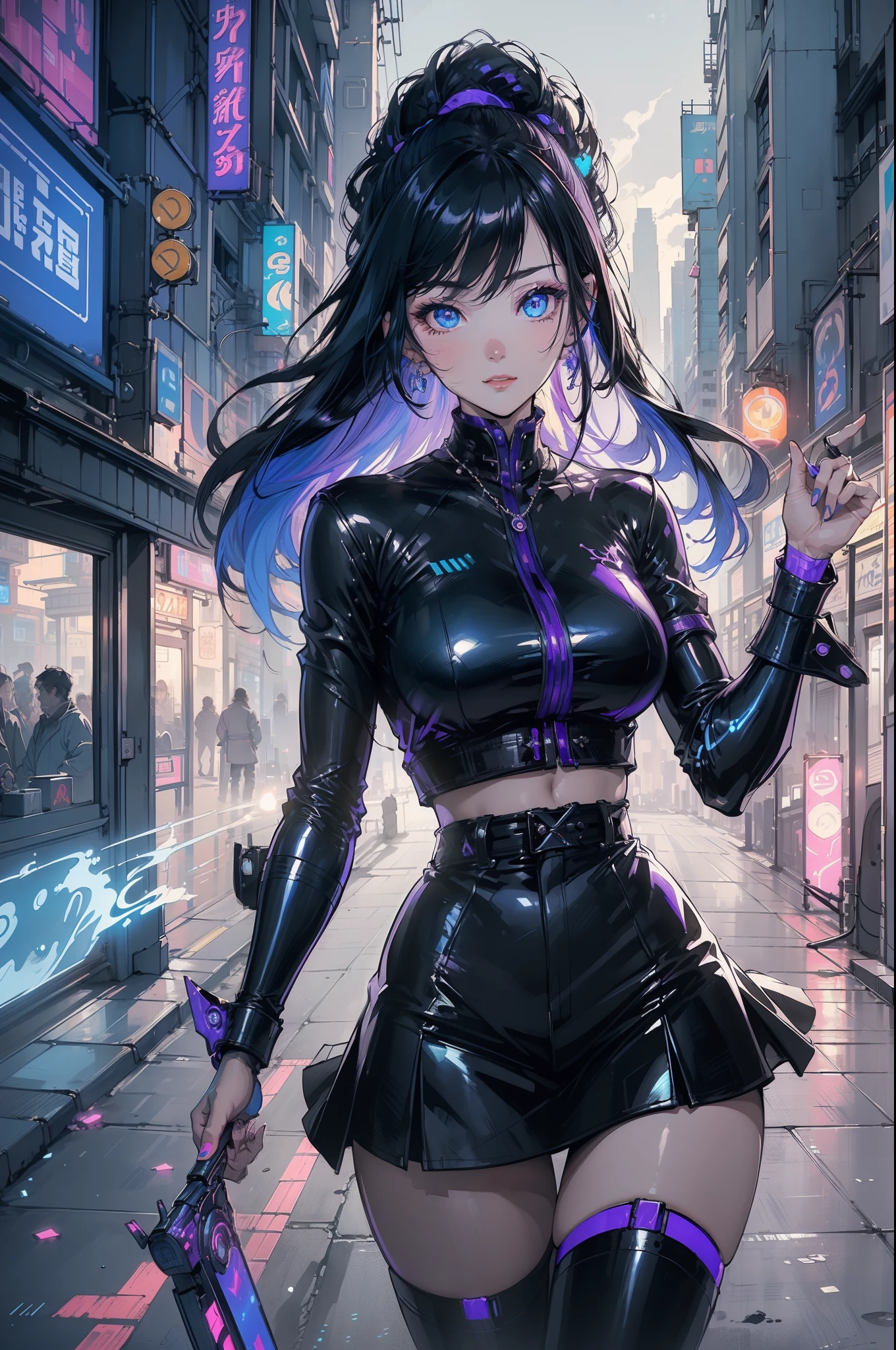 Facing the audience，(Masterpiece, Top quality, Best quality, offcial art, Beautiful and aesthetic:1.2),(Blue-violet Neon Lighting), (Vibrant glow), Dynamic colors, Striking contrast, futuristic vibe, electric energy,shiny reflective surfaces,(Cityscape:1.3),8K,offical wallpaper, 最好质量，It is better to draw style，