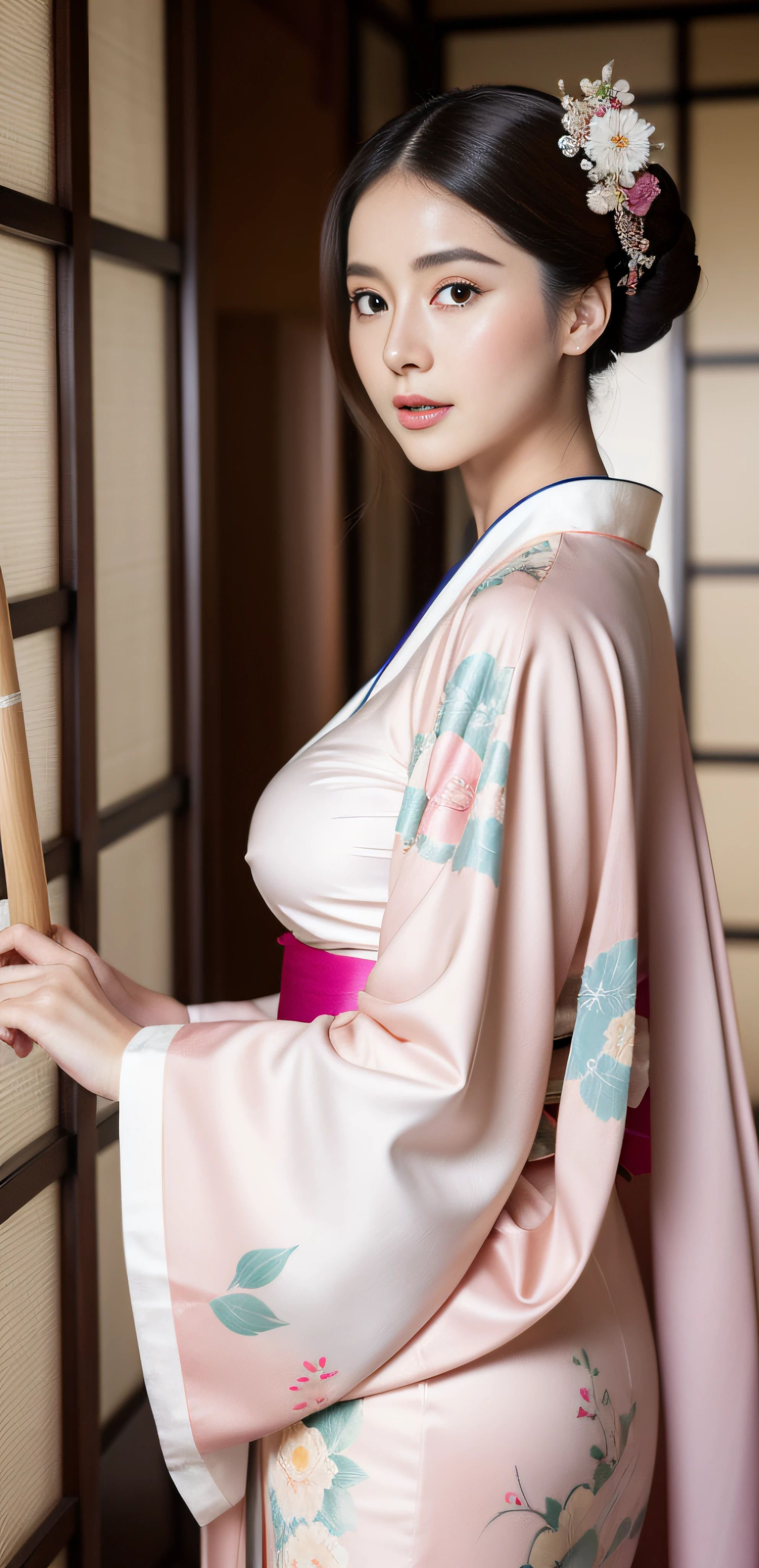 (((Highest quality)), ((8k)), ((masterpiece: 1.3)), (Photorealism: 1.6), (JMA), (Portrait of a Japanese mature woman), (Pitch black background: 1.2), (Woman standing diagonally facing forward: 1.4), (65-year-old woman), (Perfect looks), ((Realistic skin texture)), (Fine wrinkles all over the skin), (Dullness), (Facial wrinkles), (Wrinkles around the eyes), double eyelid, Tear bags under the eyelids, (Smiling Kindly), Short bangs, Long Hair, (Arranged kimono), (breast enhancement),