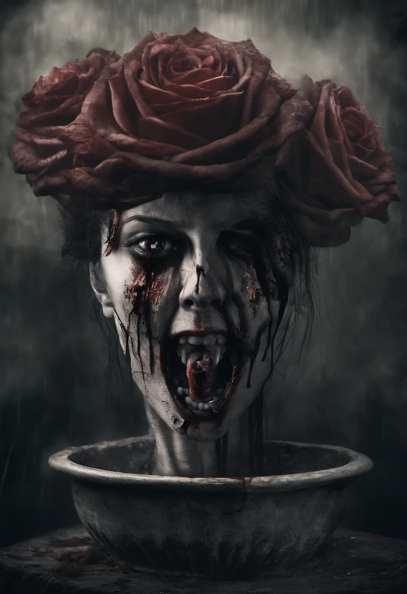 scary picture,Woman's head in a flower pot,No eyeballs,open open mouth,bleed,nigth