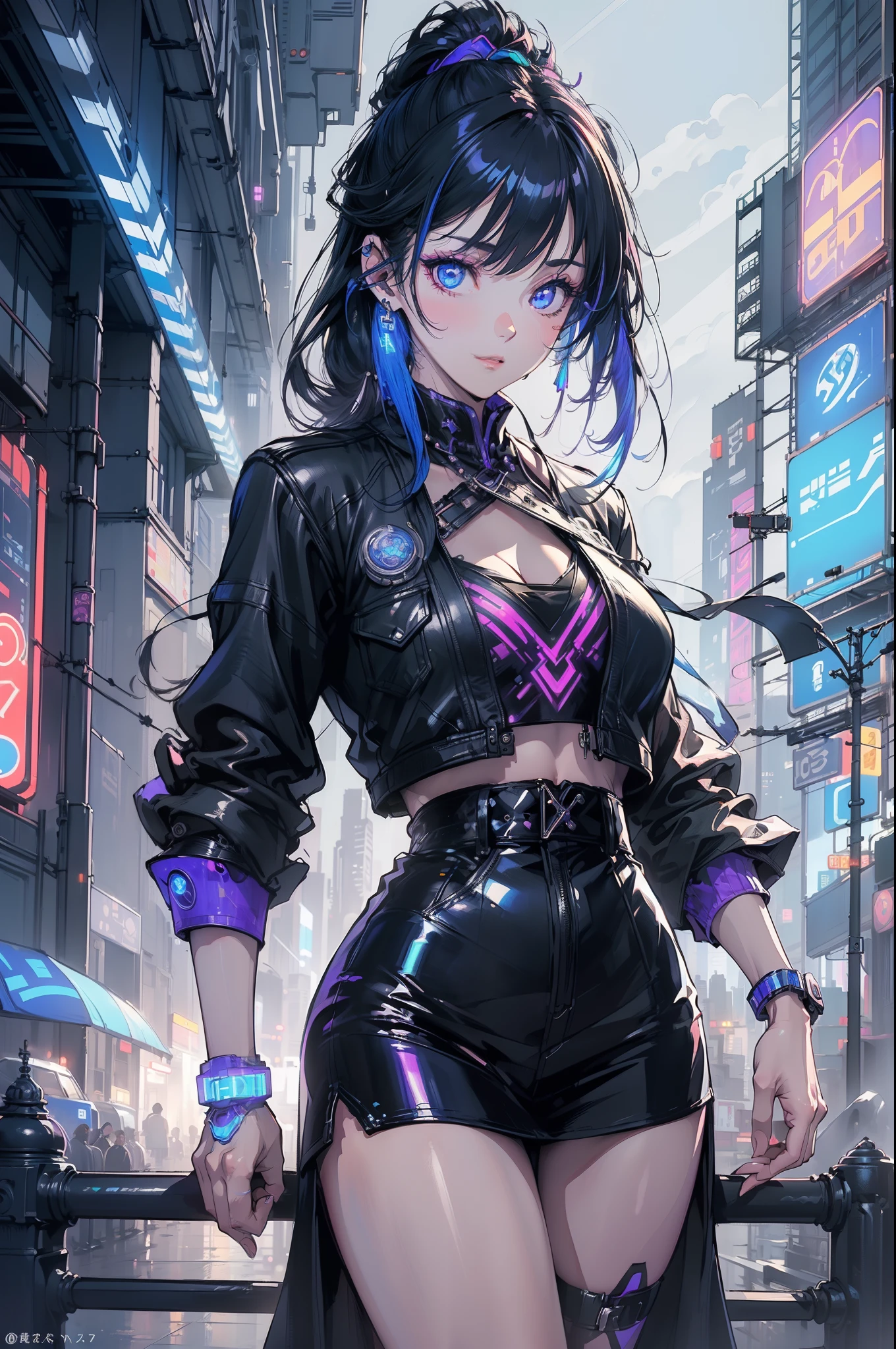 Facing the audience,(Masterpiece, Top quality, Best quality, offcial art, Beautiful and aesthetic:1.2),(Blue-violet Neon Lighting), (Vibrant glow), Dynamic colors, Striking contrast, futuristic vibe, electric energy,shiny reflective surfaces,(Cityscape:1.3),8K,offical wallpaper, 最好质量,It is better to draw style,