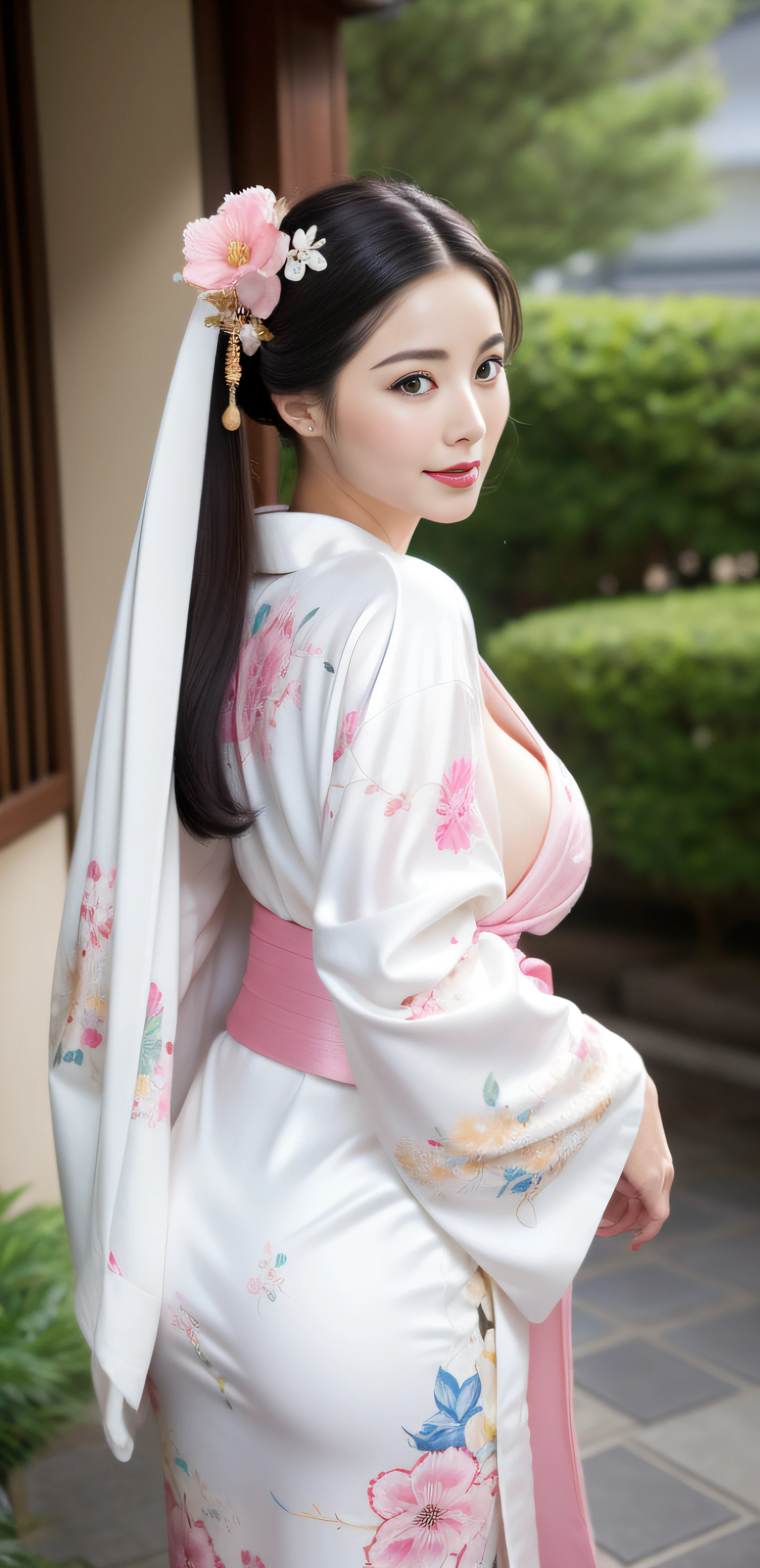 Marian Rivera dressed in a kimono and holding an umbrella, in kimono, in a kimono, 30 years old, gigantic breast:1.5, big ass,  Tall body,  open clothes, open shoulder, japanese goddess, wearing Sexy kimono, kimono, glamorous and sexy geisha, wearing a kimono, wearing kimono armor, japanese kimono, anime girl cosplay, classic kimono, organic seductive geisha, cosplay photo, onmyoji, wearing white pastel  silk robe, pale and coloured kimono, necklace, earing, naughty pose, cosplay, gorgeous young korean woman, beautiful south korean woman, korean girl, beautiful young korean woman, korean woman, heonhwa choe, korean women's fashion model, sexy look, big breast, sexy pose, show breast, light pink hair