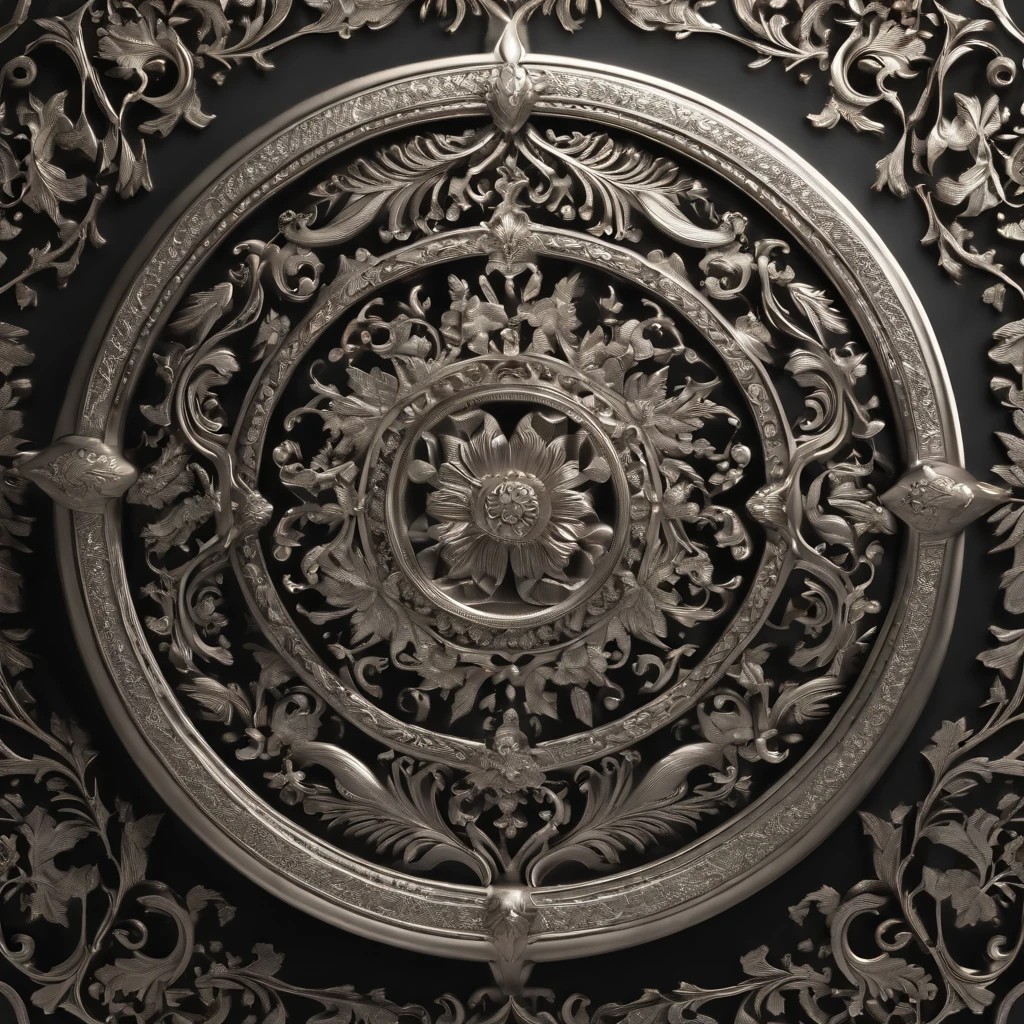 (best quality,4k,8k,highres,masterpiece:1.2),ultra-detailed,synthetic,metallic,shiny silver badge,ornate design,2D artwork,circular shape,engraved texture,delicate filigree details,complex patterns,precise craftsmanship,symphonic elements,elongated shadows,subtle highlights,rich depth,reflective surface,meticulous attention to detail,engraved emblem,subtle embossing,sublime elegance,intertwined vines,fine engravings,exquisite workmanship,meticulous precision,graceful curves,strategic placement of wheat details,vibrant contrast,bold color accents,highly polished finish,glowing rim light,ambient lighting,depth of field effect,immersive aesthetics
