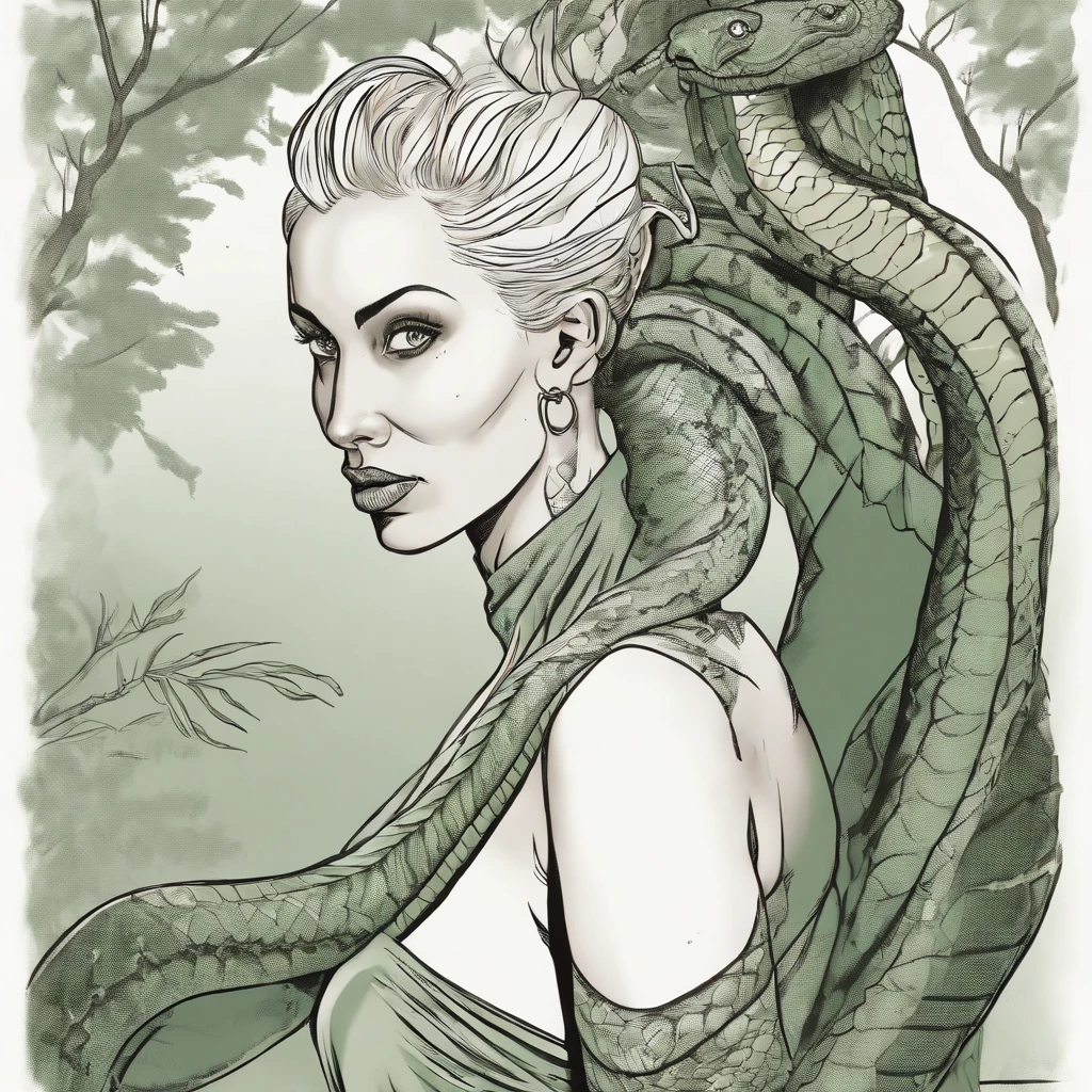 (comic art style), sketch of a silhouette of a woman, medusa, bald, hairless, snakes on head, lower body snake tail, snake woman hybrid, rear view, full length, snake dress, sketchbook, dark, gritty, realistic sketch, rough sketch, mix of dark bold lines and loose lines, hand drawn sketch, pen and ink line illustration, candid, ((art style "Sean Gordon Murphy" comic drawing, splash panel)), full body portrait, (body, Naga, snakefolk, lower body snake tail, snake woman hybrid, bald, hairless, skeleton, body drawn in Frederic Delavier musculature anatomical illustration art style, snake skin tattoos, piercing eyes, snake pupils), snake skin dress, ((colors, forest green to earth brown, merge bleak muted deep fiery radiant glowing ROYGBIV:1.1)),