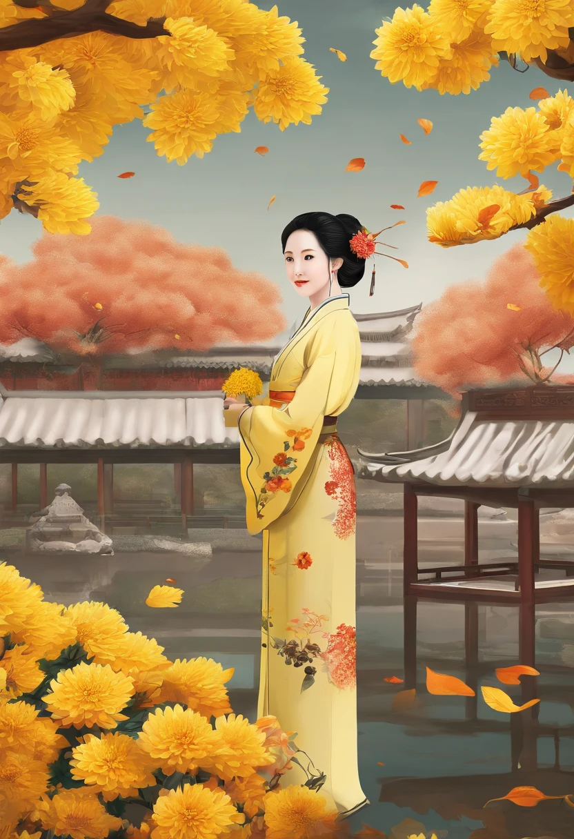 Autumn，chrysanthemums，Yellow chrysanthemum，Traditional Chinese garden，A woman standing next to a flower in Hanfu，Landscape of people