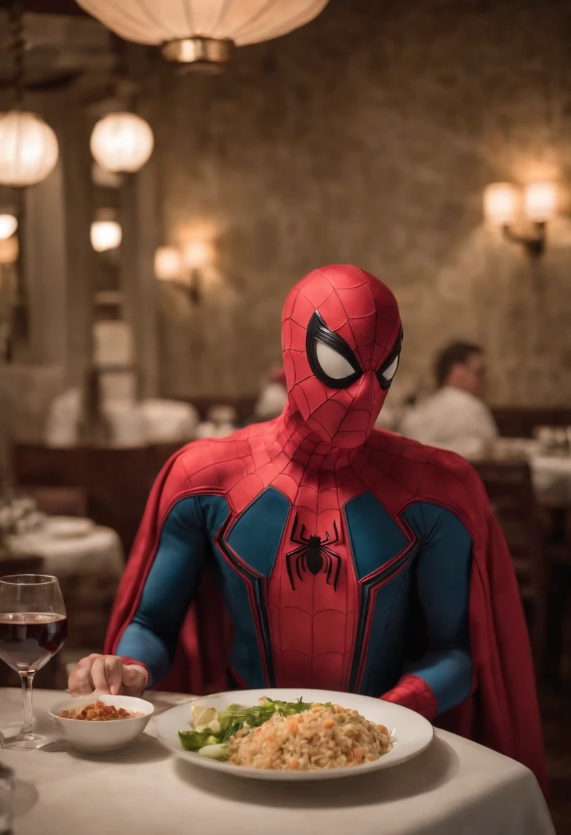 Cinematographer, ultra realista, Ropa detallada, Bellamente detallado, UHD, HDR, Altas Resoluciones, ultra detallado, Detalles intrincados, Efectos texturales, absurdos, obra maestra, 8k:1.2. En esta imagen, vemos a Spider-Man en un inusual descanso de sus actividades heroicas. He's standing in a chic Asian restaurant in his iconic costume..................
Spider-Man holds a bowl of Chinese fried rice mixed with oriental stir-fried noodles in his hands skillfully.., usando unos elegantes palillos chinos para llevar un bocado a su boca. The plate is full of fried rice, salteado. The restaurant is decorated with traditional Chinese elements, como linternas rojas colgando del techo y dragones dorados esculpidos en las paredes. The dim light of the lanterns creates a warm and welcoming atmosphere in the place.