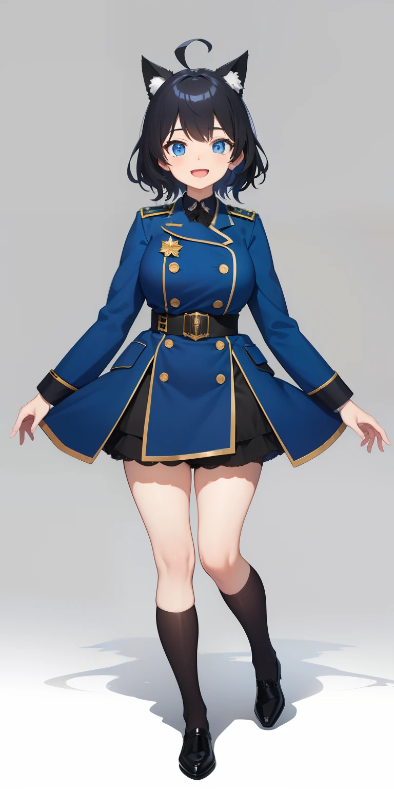Full body, Upright, Arms at sides, Looking at Viewer, Simple background, 1girl in, Open mouth, Smile, Virtual Youtuber、girl with、、((Best Quality, high_resolution, Distinct_image)),(Black hair), (Black cat ears), (Ahoge), (absurdly short hair), (Wavy Hair), (Blue eyes),、A smile、large full breasts、Dressed in military uniform