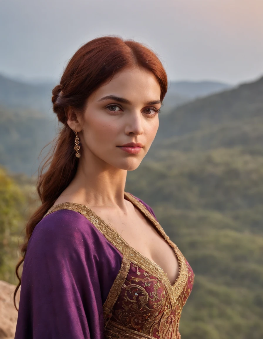 Realistic photo, Uma foto realista de 15yo mulher medieval adulta rainha usando um vestido roxo, red hair, castelo medieval, olhos azuis, nariz perfeito, Rosto redondo, sobrancelha reta,(1girl), (extremamente detalhado CG unidade 8k papel de parede), foto da obra mais bonita do mundo, profissional majestoso, (peito grande:1.6) (fotografia de Steve McCurry), 8k UHD, DSLR, soft lighting, alta qualidade, filmic grain, Fujifilm XT3 sharp focus, f 5.6, High detail, foco nítido, Dramatic, (Olhando para o Viewer:1.2), (alunos detalhados:1.3), (luz natural),corpo inteiro.