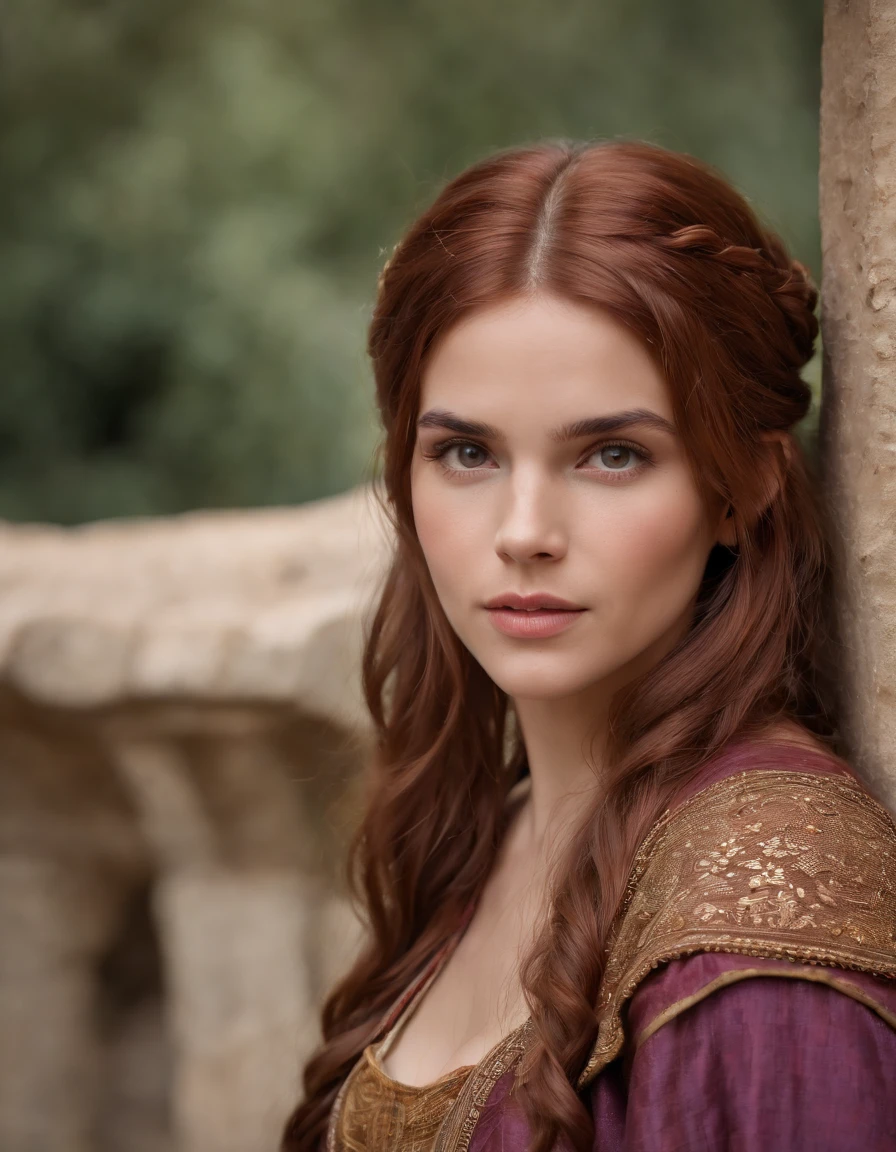 Realistic photo, Uma foto realista de 15yo mulher medieval adulta rainha usando um vestido roxo, red hair, castelo medieval, olhos azuis, nariz perfeito, Rosto redondo, sobrancelha reta,(1girl), (extremamente detalhado CG unidade 8k papel de parede), foto da obra mais bonita do mundo, profissional majestoso, (peito grande:1.6) (fotografia de Steve McCurry), 8k UHD, DSLR, soft lighting, alta qualidade, filmic grain, Fujifilm XT3 sharp focus, f 5.6, High detail, foco nítido, Dramatic, (Olhando para o Viewer:1.2), (alunos detalhados:1.3), (luz natural),corpo inteiro.