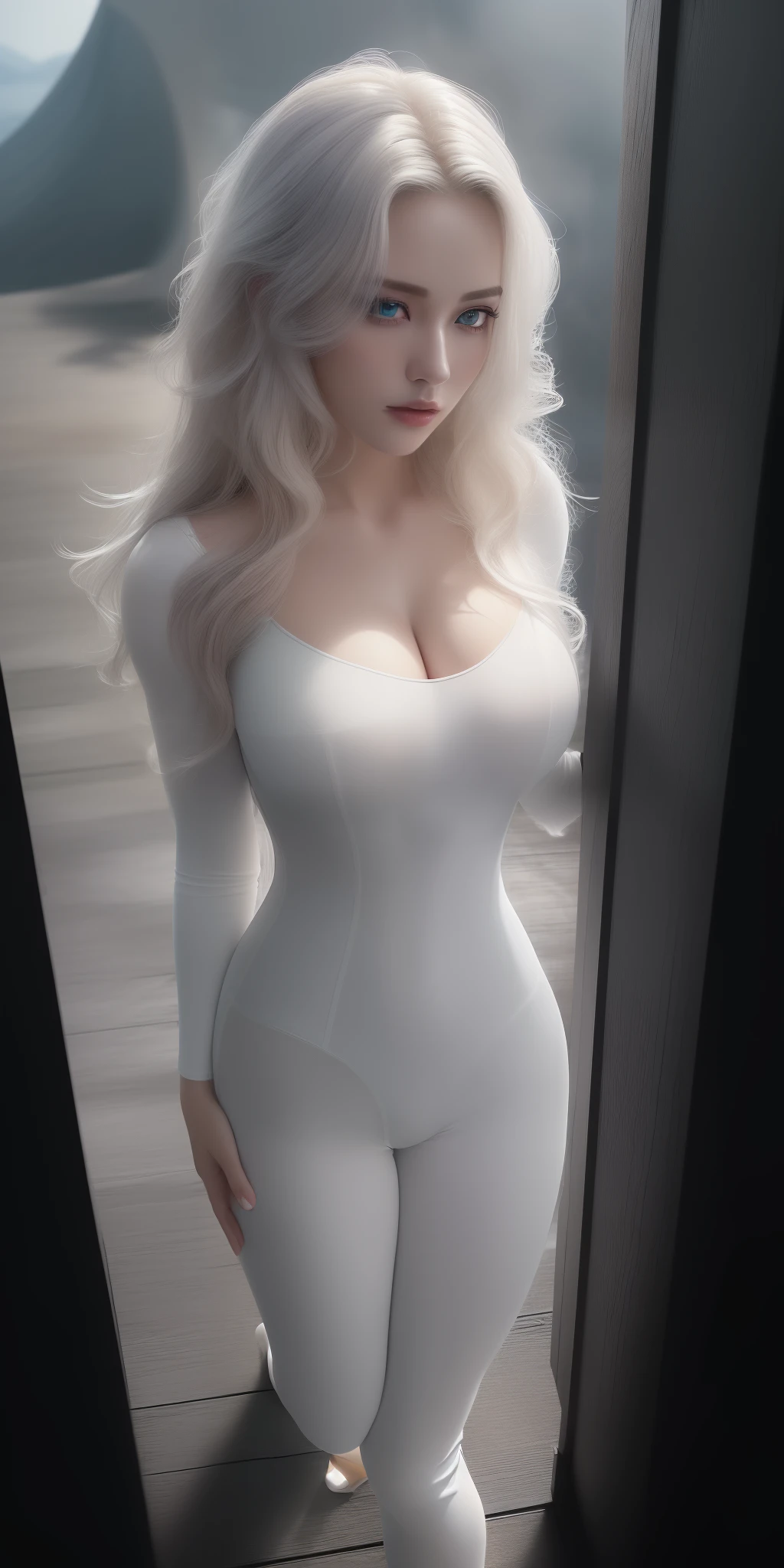 (full body shot) ((bird view photo)) a black wavy hair European woman, incredible blue eyes,, luminous design, masterpiece, best quality, extremely detailed 8k, ultra hd, ultra-detailed, highly detailed, highly realistic, (ultra-realistic), hyperrealistic, Real life style, (((top quality, masterpiece: 1.3)), (masterpiece), (best quality), (ultra-detailed),(nudes:1.2), (RAW photo:1.2),(masterpiece:1.3), (best quality:1.4), ultra high res, HDR, 8k resolution, dreamlike, check commentary, commentary request, scenery,((no text)), (full body), (detailed eyes),(detailed facial features), 1girl, araffed woman in white dress posing in front of a wall, super villain, beautiful russian woman, cosplay, cute girl with short pink hair, smooth white tight clothes suit, kwak ji young, sexy look((pubic hair)), cinematic lighting, (full body shot), depth of field, ultra fine details, detailed clothing, detailed scenery, (perfect face, detailed face, detailed eyes) (cinematic:1.5)(Top Quality, 8k, 32k, Masterpiece, UHD: 1.3)