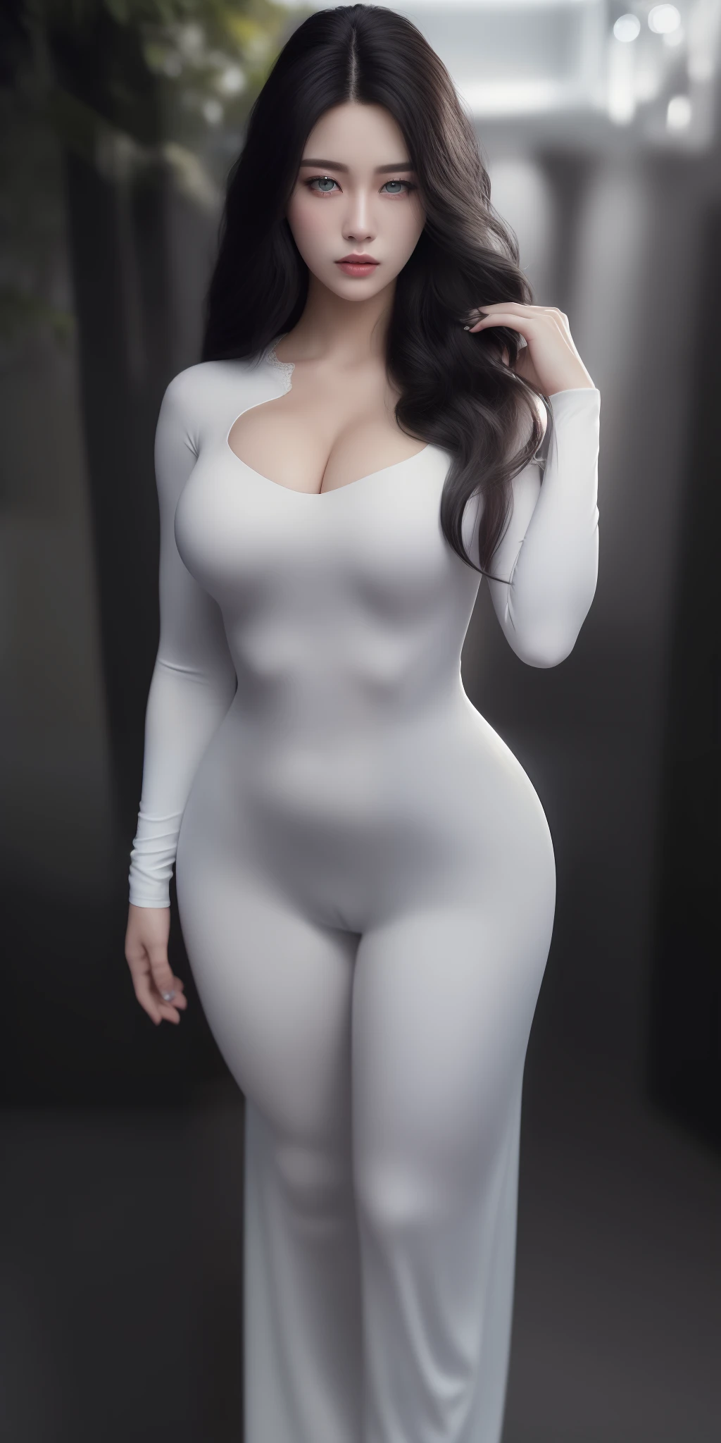 (full body shot) ((bird view photo)) a black wavy hair European woman, incredible blue eyes,, luminous design, masterpiece, best quality, extremely detailed 8k, ultra hd, ultra-detailed, highly detailed, highly realistic, (ultra-realistic), hyperrealistic, Real life style, (((top quality, masterpiece: 1.3)), (masterpiece), (best quality), (ultra-detailed),(nudes:1.2), (RAW photo:1.2),(masterpiece:1.3), (best quality:1.4), ultra high res, HDR, 8k resolution, dreamlike, check commentary, commentary request, scenery,((no text)), (full body), (detailed eyes),(detailed facial features), 1girl, araffed woman in white dress posing in front of a wall, super villain, beautiful russian woman, cosplay, cute girl with short pink hair, smooth white tight clothes suit, kwak ji young, sexy look((pubic hair)), cinematic lighting, (full body shot), depth of field, ultra fine details, detailed clothing, detailed scenery, (perfect face, detailed face, detailed eyes) (cinematic:1.5)(Top Quality, 8k, 32k, Masterpiece, UHD: 1.3)
