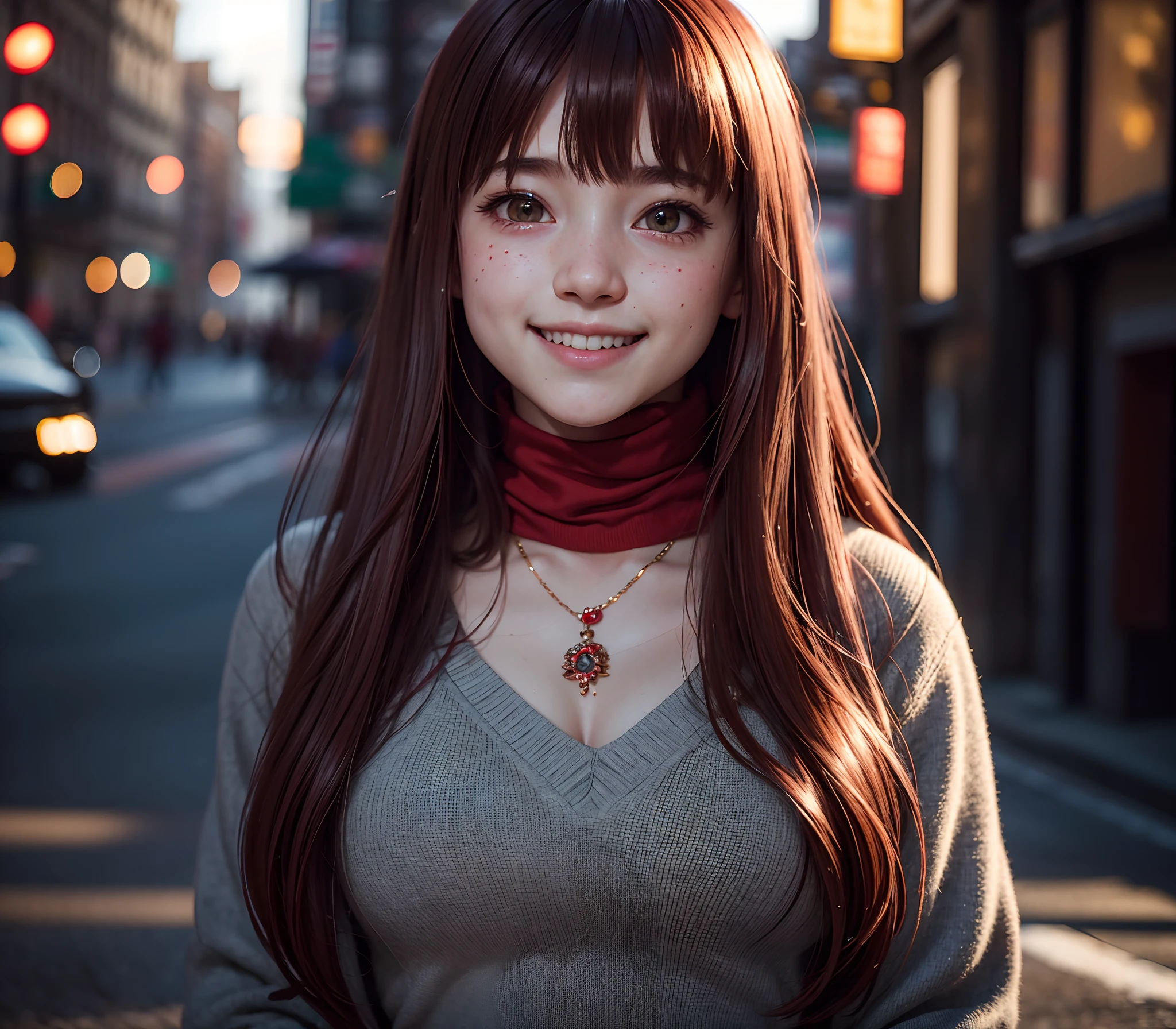 A cute girl, smiling and blushing cheeks, bangs, red haired, long straight hair, intricately detailed skin and face, ultra high definition, 8k resolution, 16k resolution, dream like ambience, bloom effect, highly detailed photo realistic, cinematic side lighting, cinematic lighting, theatrical lighting, movie like photo, city street back ground