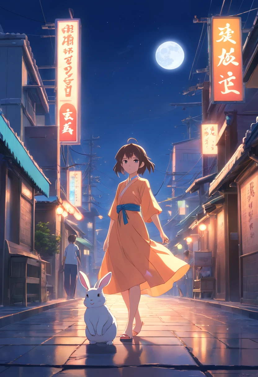 nightcity,the night,full moon,Long dress with little rabbit hairpin in one hand, silver hair long hair rabbit ear girl,Outside a group of Chinese buildings, holding a cheongsam in a hug,A little bunny wearing a scalloped bow hairpin, dreamy glow,unreal render,reasonable design, high detal, Masterpiece, Best quality, hyper HD, Cinematic lighting