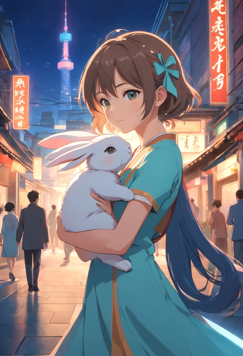 nightcity,the night,full moon,Long dress with little rabbit hairpin in one hand, silver hair long hair rabbit ear girl,Outside a group of Chinese buildings, holding a cheongsam in a hug,A little bunny wearing a scalloped bow hairpin, dreamy glow,unreal render,reasonable design, high detal, Masterpiece, Best quality, hyper HD, Cinematic lighting