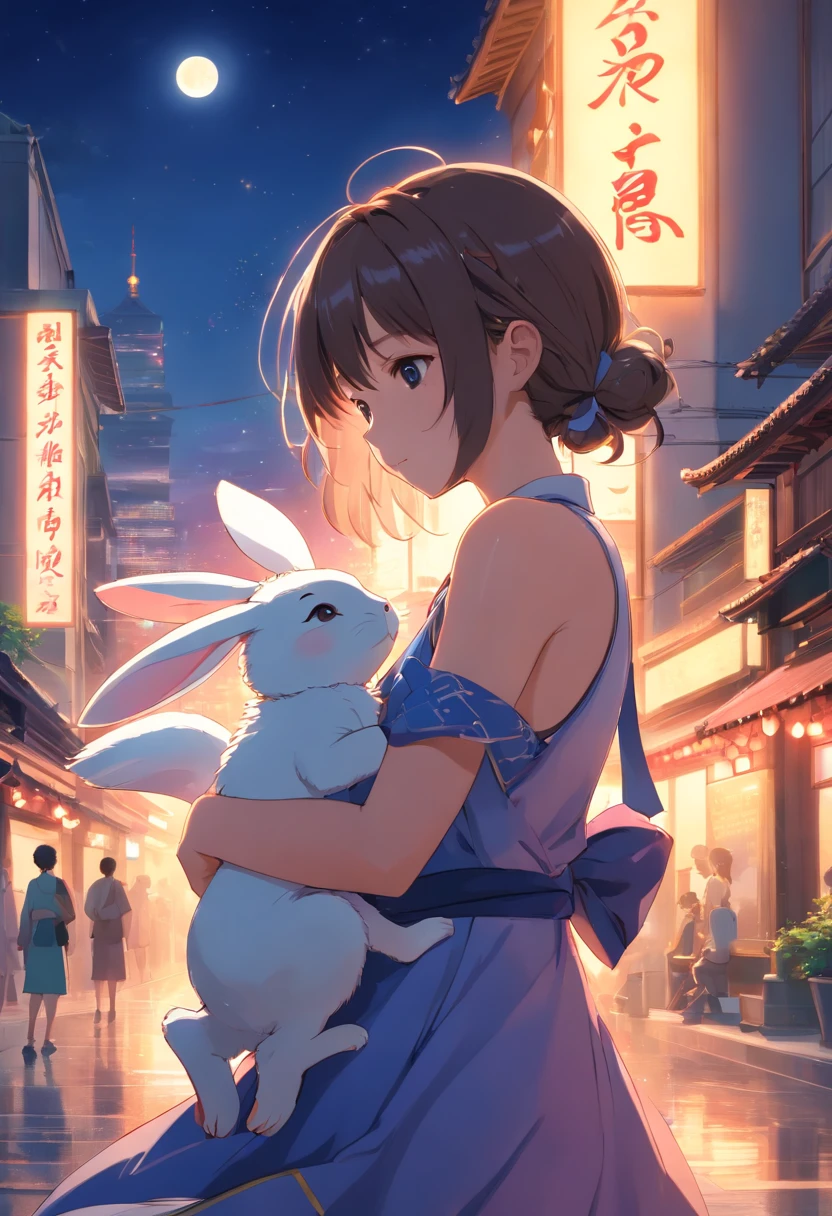 nightcity，the night，full moon，Long dress with little rabbit hairpin in one hand, silver hair long hair rabbit ear girl，Outside a group of Chinese buildings, holding a cheongsam in a hug，A little bunny wearing a scalloped bow hairpin， dreamy glow，unreal render,reasonable design, high detal, Masterpiece, Best quality, hyper HD, Cinematic lighting