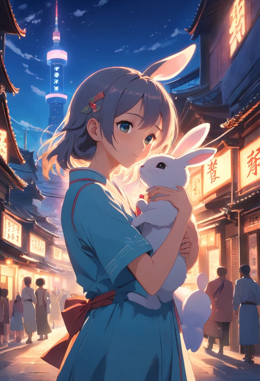 nightcity,the night,full moon,Long dress with little rabbit hairpin in one hand, silver hair long hair rabbit ear girl,Outside a group of Chinese buildings, holding a cheongsam in a hug,A little bunny wearing a scalloped bow hairpin, dreamy glow,unreal render,reasonable design, high detal, Masterpiece, Best quality, hyper HD, Cinematic lighting