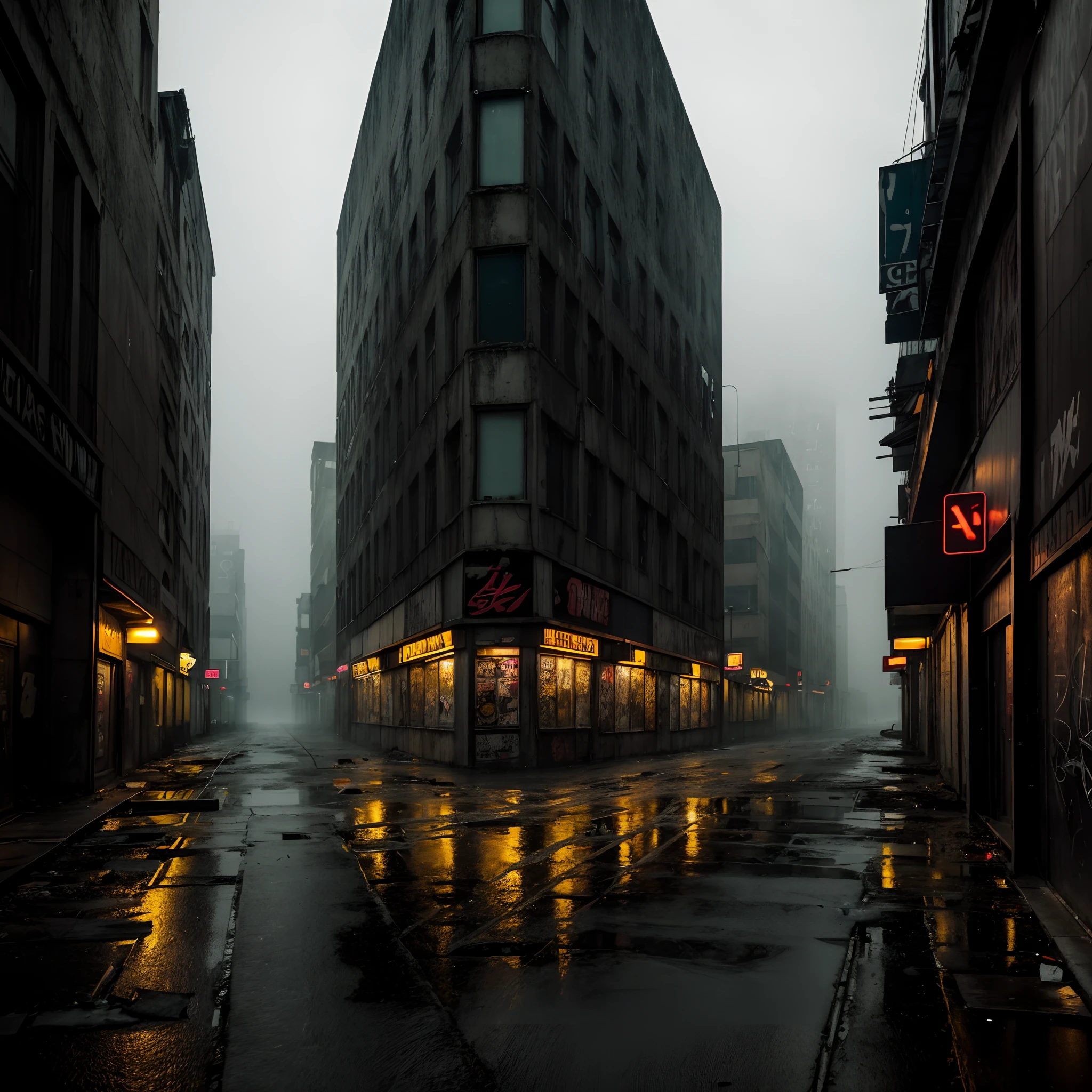 a bleak place,noisy,crowded streets,dull atmosphere,dark and gloomy lighting,concrete buildings,run-down storefronts,rain pouring down,worn-out billboards,desolate alleyways,tense vibes,cold wind blowing through the streets,ominous shadows,deserted parks,grimy walls and graffiti,abandoned buildings,isolated figures,sketchy characters,urban decay,neon signs flickering,loneliness and despair,hauntingly empty streets,vivid contrast between light and dark,uneasy silence,hazy mist lingering in the air,echoes of footsteps,flickering streetlights,lost hope.