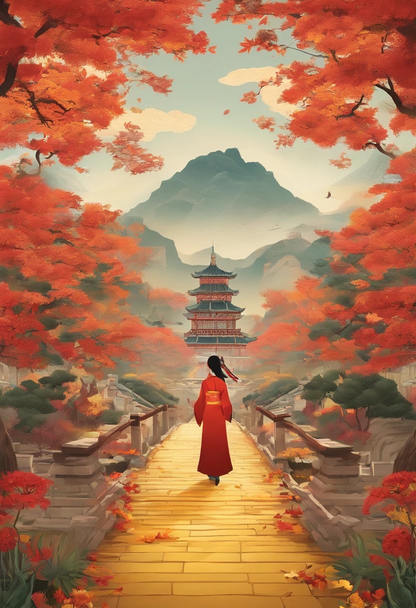 Autumn，The road is lined with chrysanthemums，Yellow chrysanthemum，Traditional Chinese garden，A woman standing next to a flower in Hanfu，Landscape of people