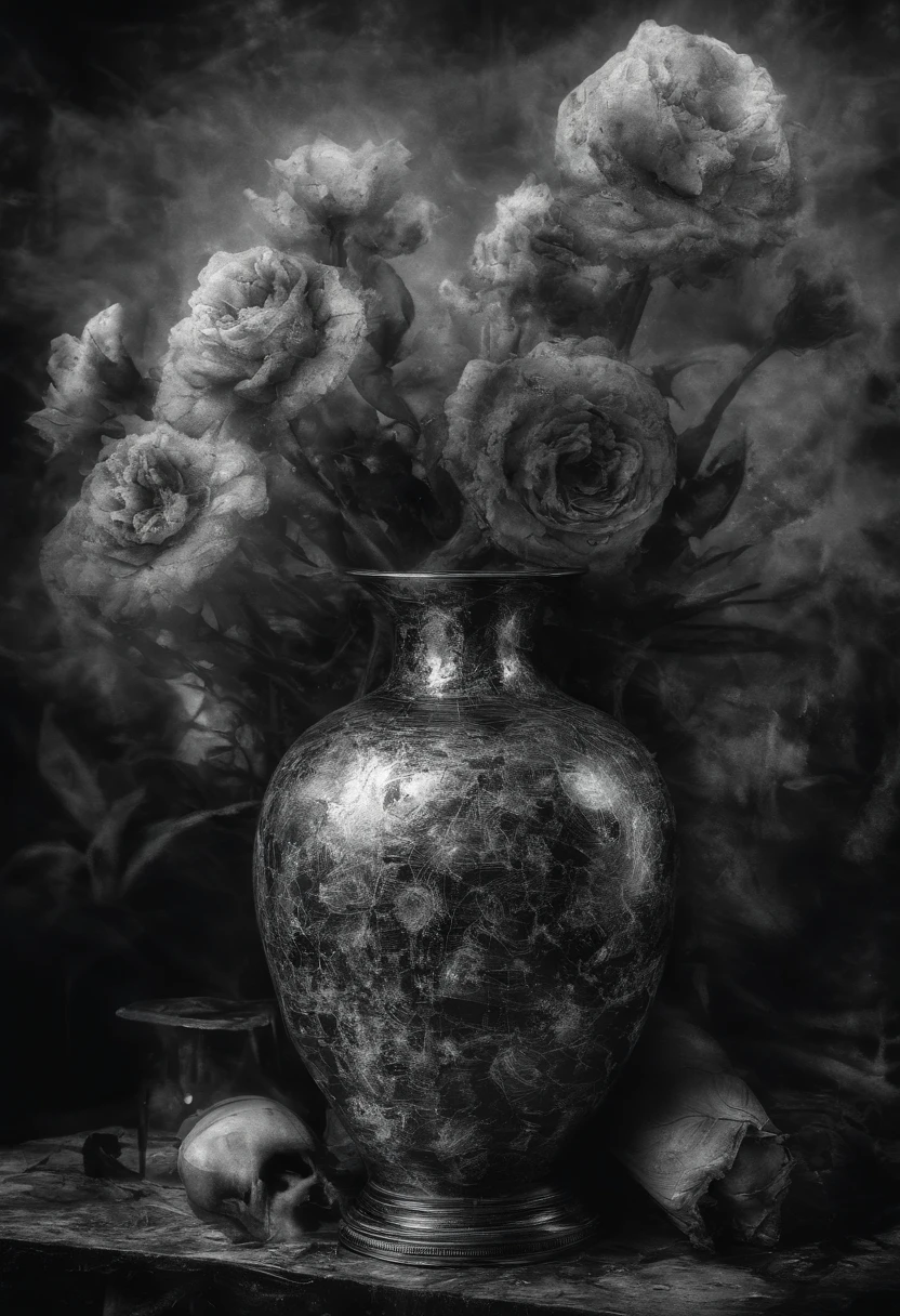 A broken flower vase next to a new flower vase.. 8k resolution holographic astral cosmic illustration mixed media by Pablo Amaringo, black and white photo with color pigment