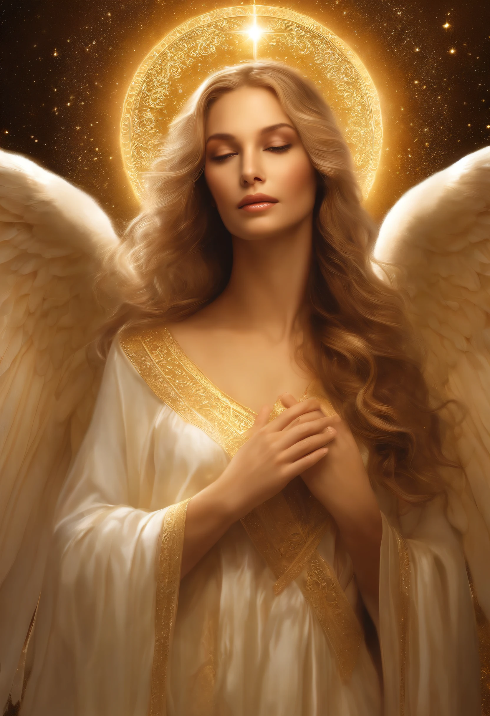 photorealistic, (hyperrealistic:1.2), beautiful, masterpiece, best quality, extremely detailed face, perfect lighting, nice hands, perfect hands, A divine and radiant angel in celestial splendor, (heavenly presence:1.2), (serene expression), (majestic wings), (ethereal glow:1.1), (peaceful and comforting), (transcendent beauty), (divine grace), (symbol of purity), (golden halo), (uplifting atmosphere), (celestial realm), (spiritual enlightenment), (gentle and protective), (illuminating light:1.2), (seraphic figure), (harmony and serenity), (angelic robes), (timeless and celestial), (captivating aura), (healing and guidance)